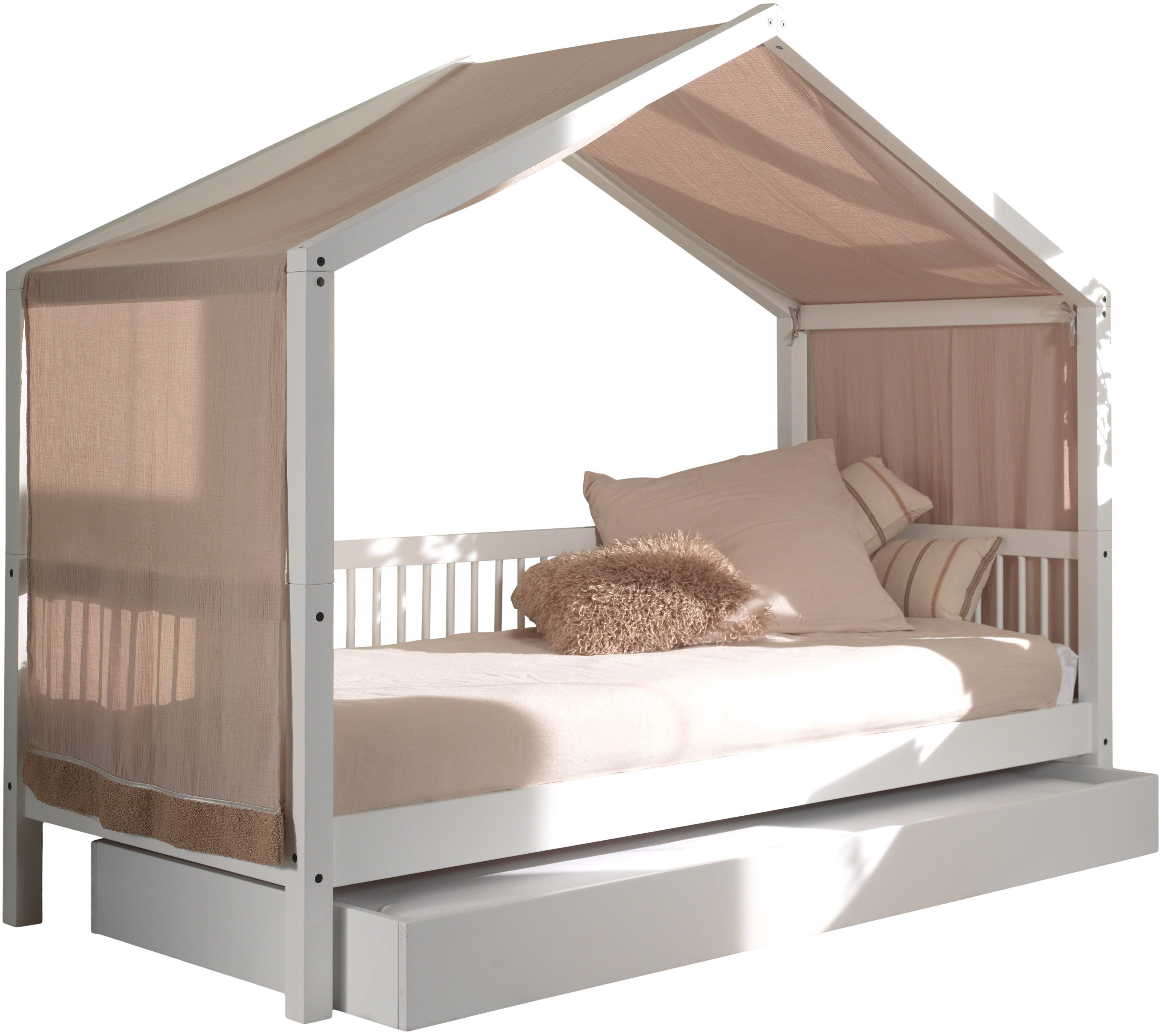 Home affaire Hausbett Forrest mit Dachaufbau, Textilhimmel, später umbaubar zum Einzelbett (mit Textilhimmel, Höhe mt Dachaufbau ca. 170cm), 90/200 Buche massiv weiß lackiert, wahlweise mit o. ohne Bettschublade