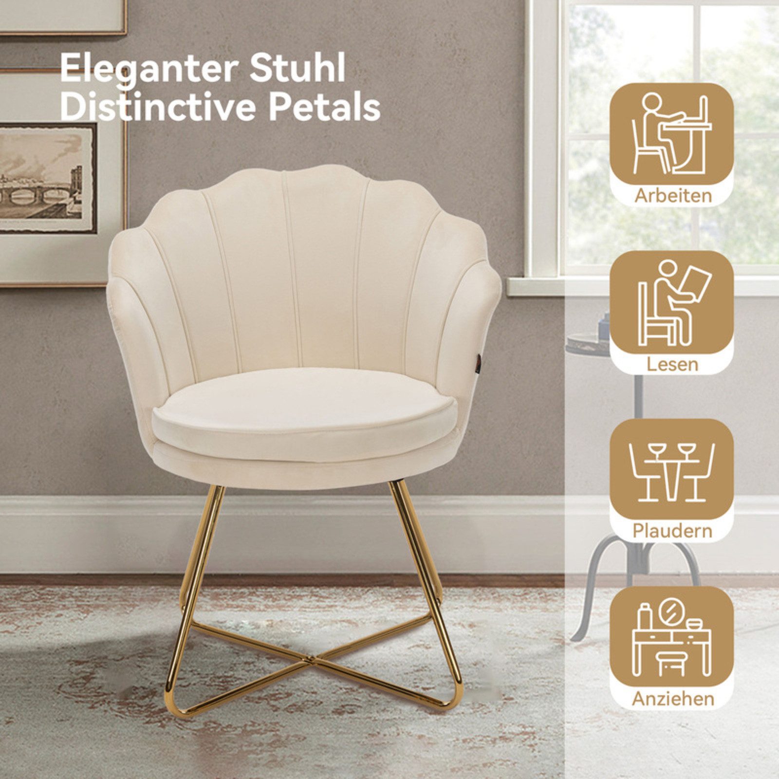 HawthyHome Polsterstuhl Polstersessel mit Blütenblatt-Rückenlehne & Goldene Metallbeine (1 St), ideal für Esszimmer & Schminktisch – Bild 5 von 5