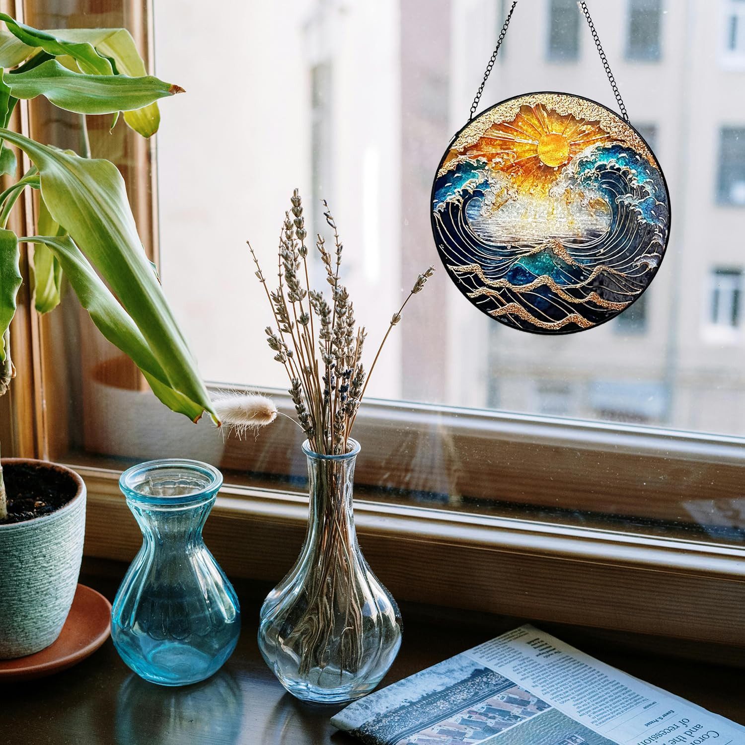 BlingBin Fensterdekoration Farbenfroher handbemalter Glas-Sonnenfänger mit Wellenmotiv 20 cm, Dekorativer Fenster und Wandanhänger für Innen- und Außenbereich