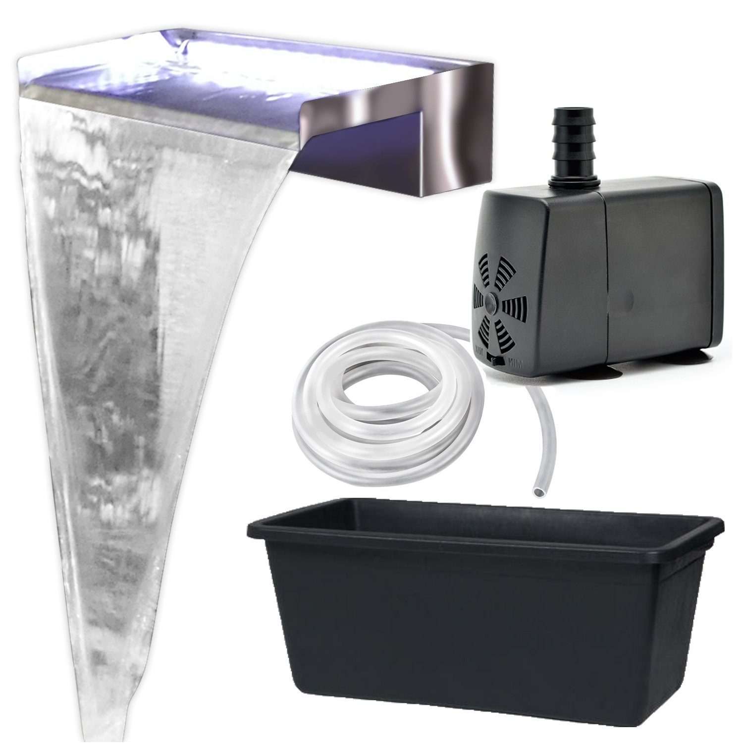 Köhko Poolwasserfall Wasserfallset aus Edelstahl matt "Akaka" inkl. Pumpe u. Becken