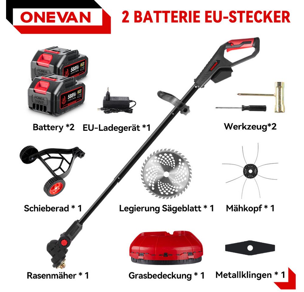 Thumbnail - ONEVAN Akku-Rasentrimmer 25 cm Elektrischer Akku Motorsense und Rasentrimmer Rasen, 25.4 cm Arbeitsbreite Faden, mit 2X ...