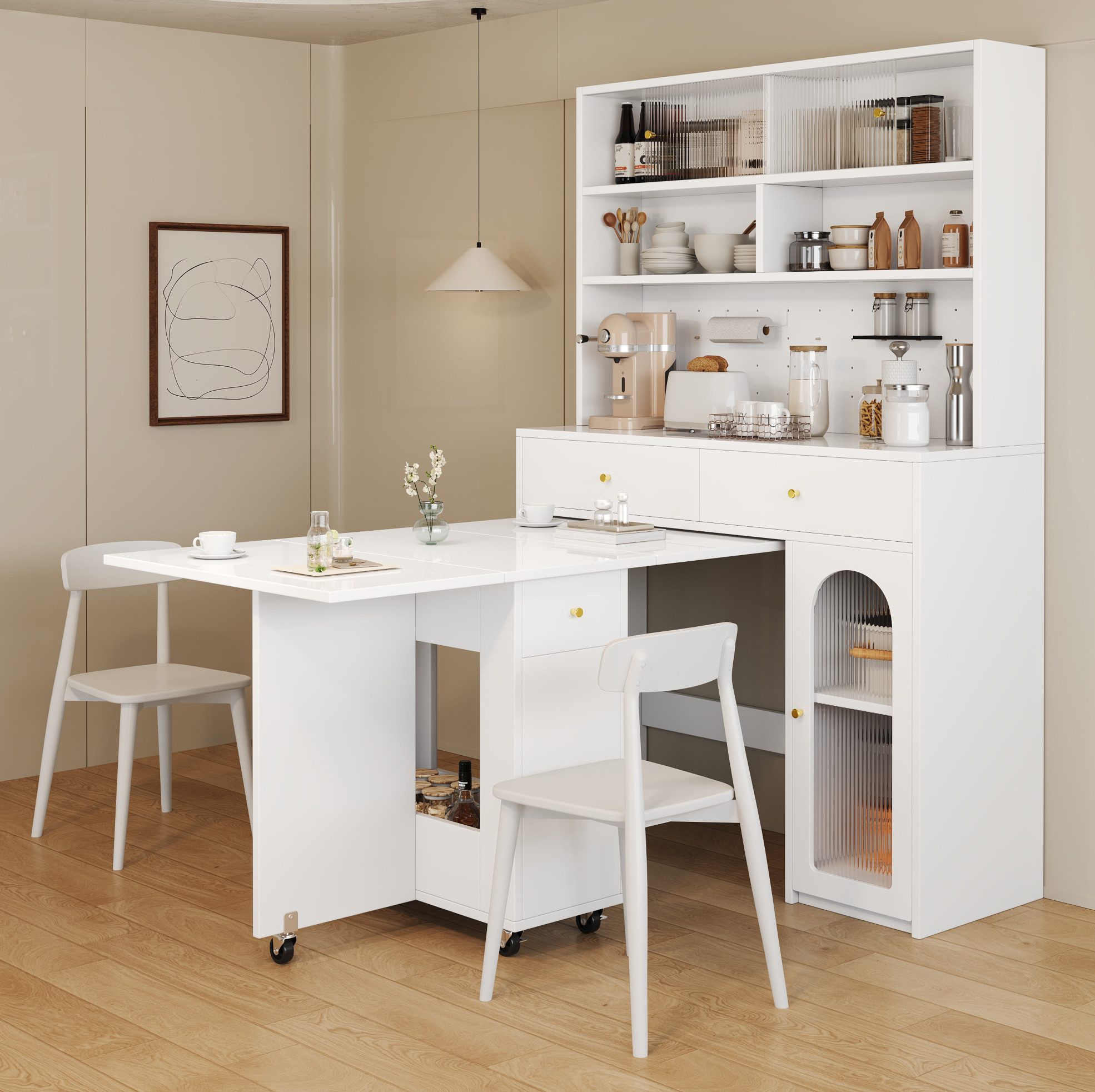 REDOM Barschrank Modernes Küchenset mit Klapptisch & Wellenglas (Packung, 1-St., Weiß, Schrank 120×45×180 / Tisch 120×75×75 cm) goldene Griffe, elegante Optik, platzsparend