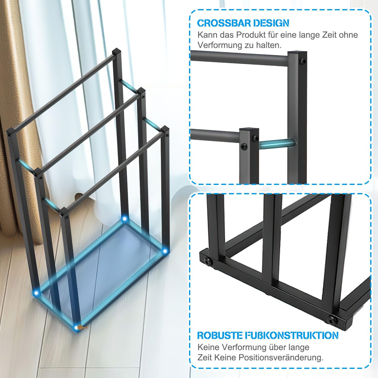 HEYHIPPO Handtuchständer Schwarzer mehrschichtiger Handtuchhalter den Boden,Badezimmerstange, Vertikaler dreilagiger Handtuchhalter, stanzfreier Metallhalter