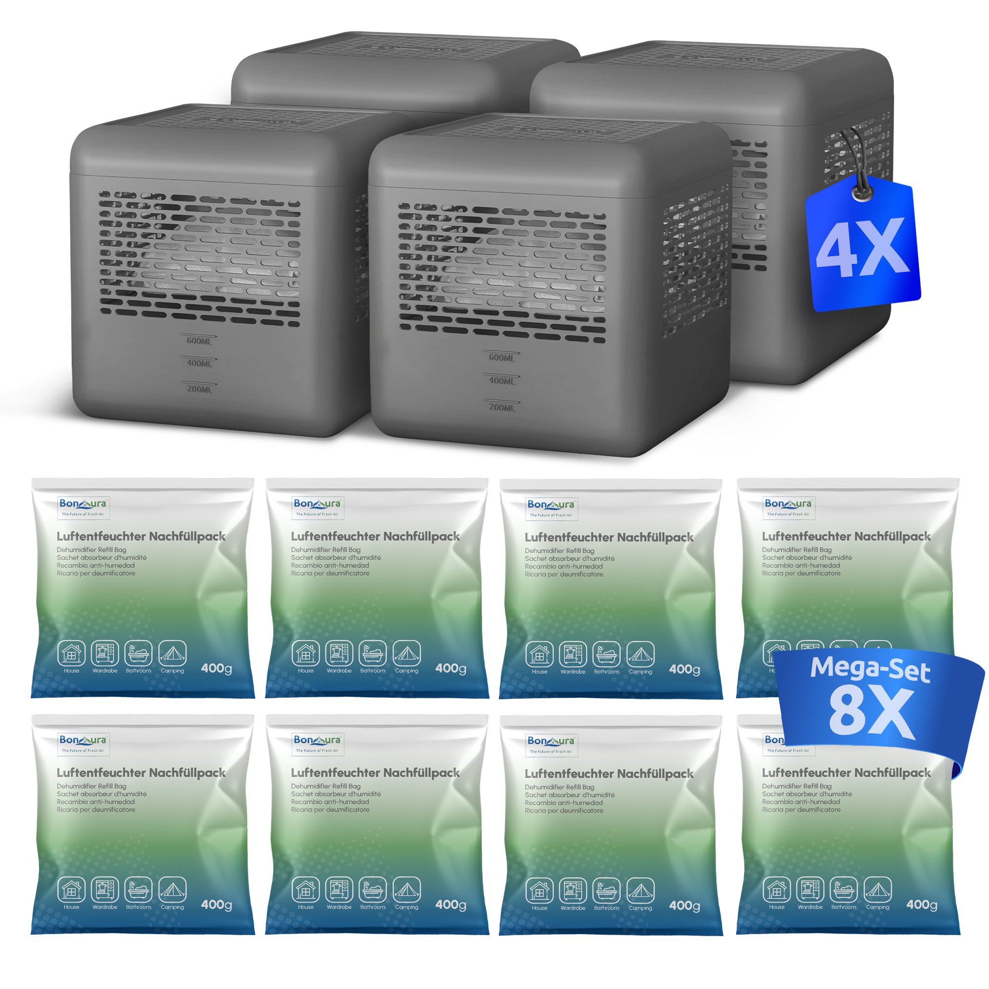 BonAura Luftentfeuchter ohne Strom, für 88 m³ Räume, Tank 0,6 l, 4x Entfeuchter und 8x Luftentfeuchter Nachfüllpack von BonAura