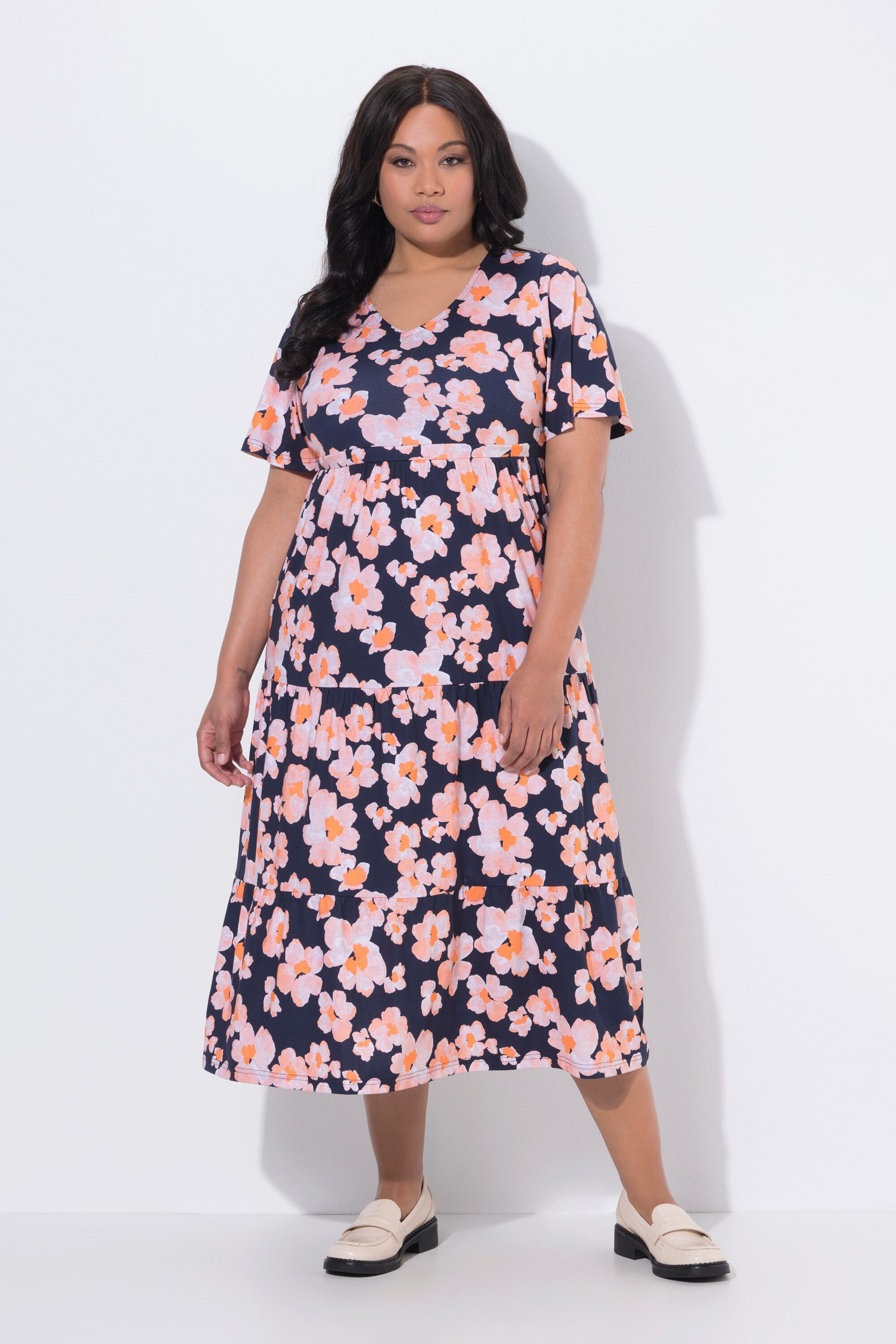 Ulla Popken Maxikleid Maxikleid Blüten A-Linie V-Ausschnitt günstig online kaufen