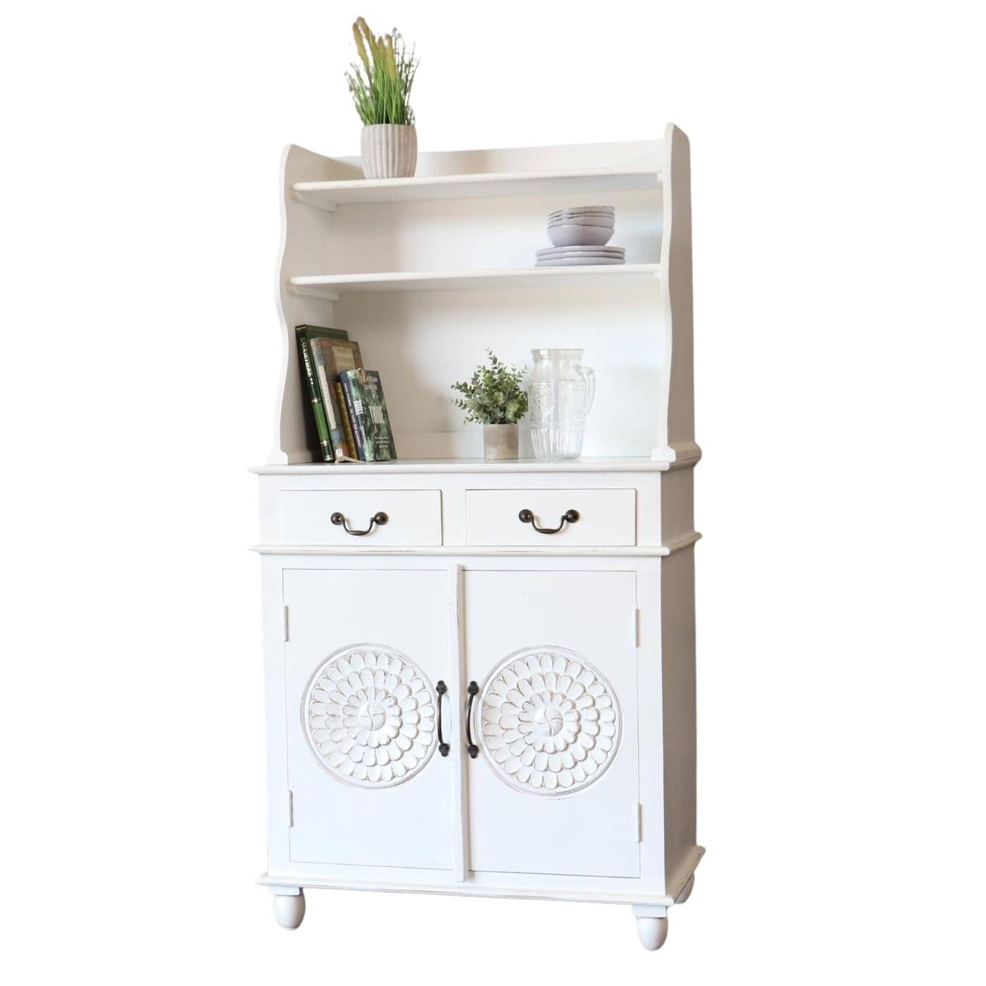 baario Highboard Highboard BLATO Shabby weiß, massiv Kommode mit Regalaufsatz Schnitzerei