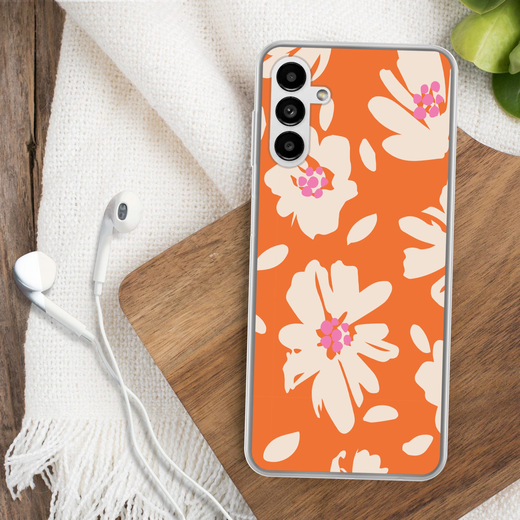 MuchoWow Handyhülle für Samsung Galaxy A04s Blumen - Orange - Beige - Rosa - Abstrakt, Handy Case, Silikon, Bumper Case Dünn