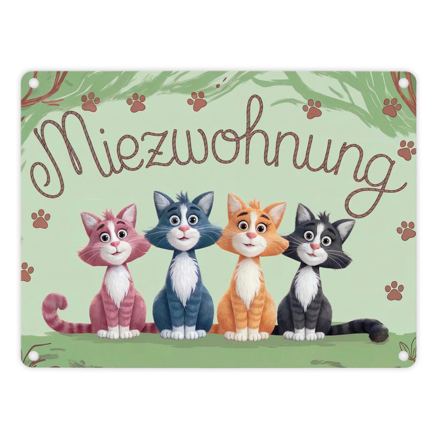 speecheese Metallschild Vier farbige Katzen - Miezwohnung Metallschild in 1 günstig online kaufen