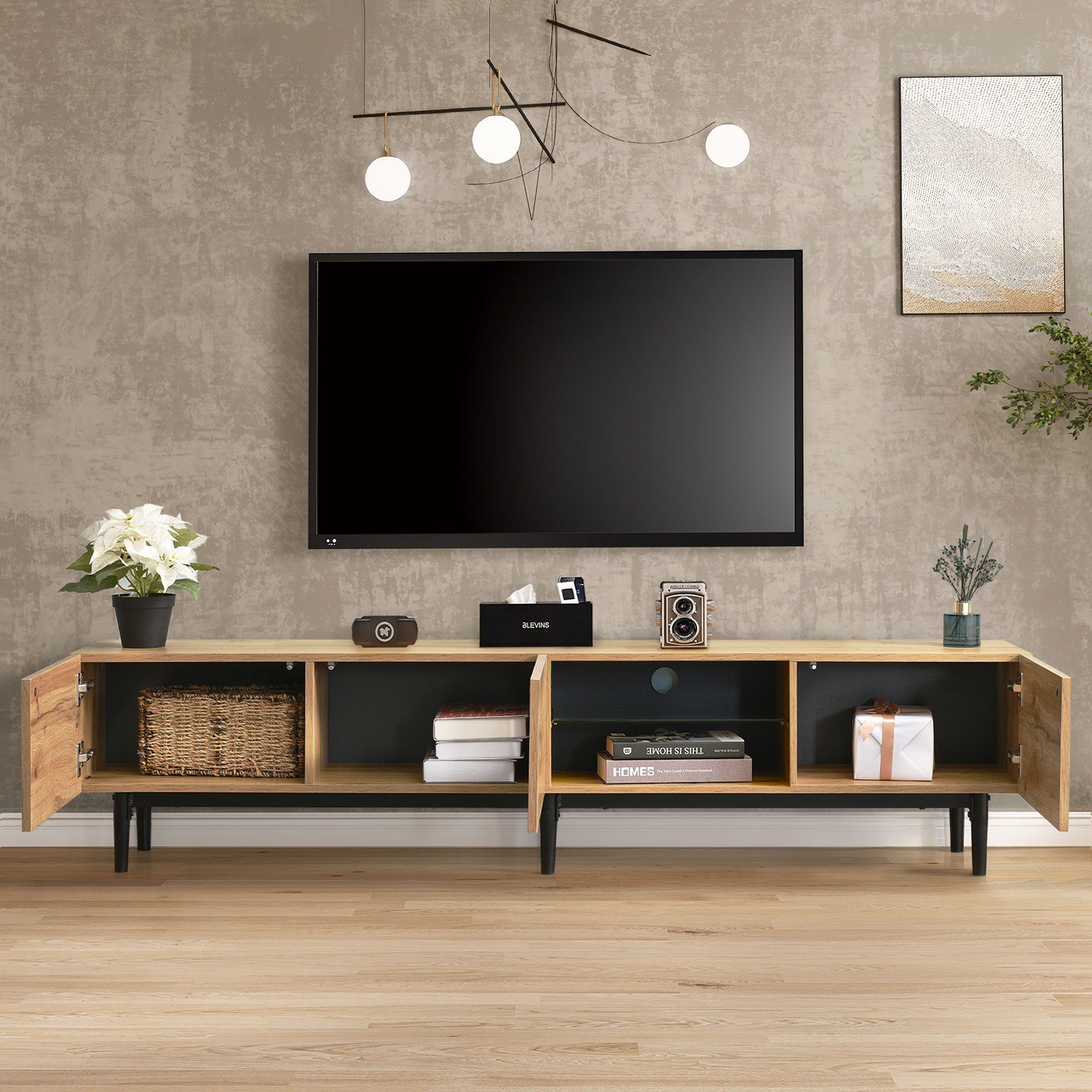 KLAM HOME Lowboard moderner klassischer TV-Schrank aus Wildeiche mit LED-Leuchten (für Wohnzimmer Schlafzimmer), TV-Tisch TV-Board TV-Kommode 175 x 31 x 41