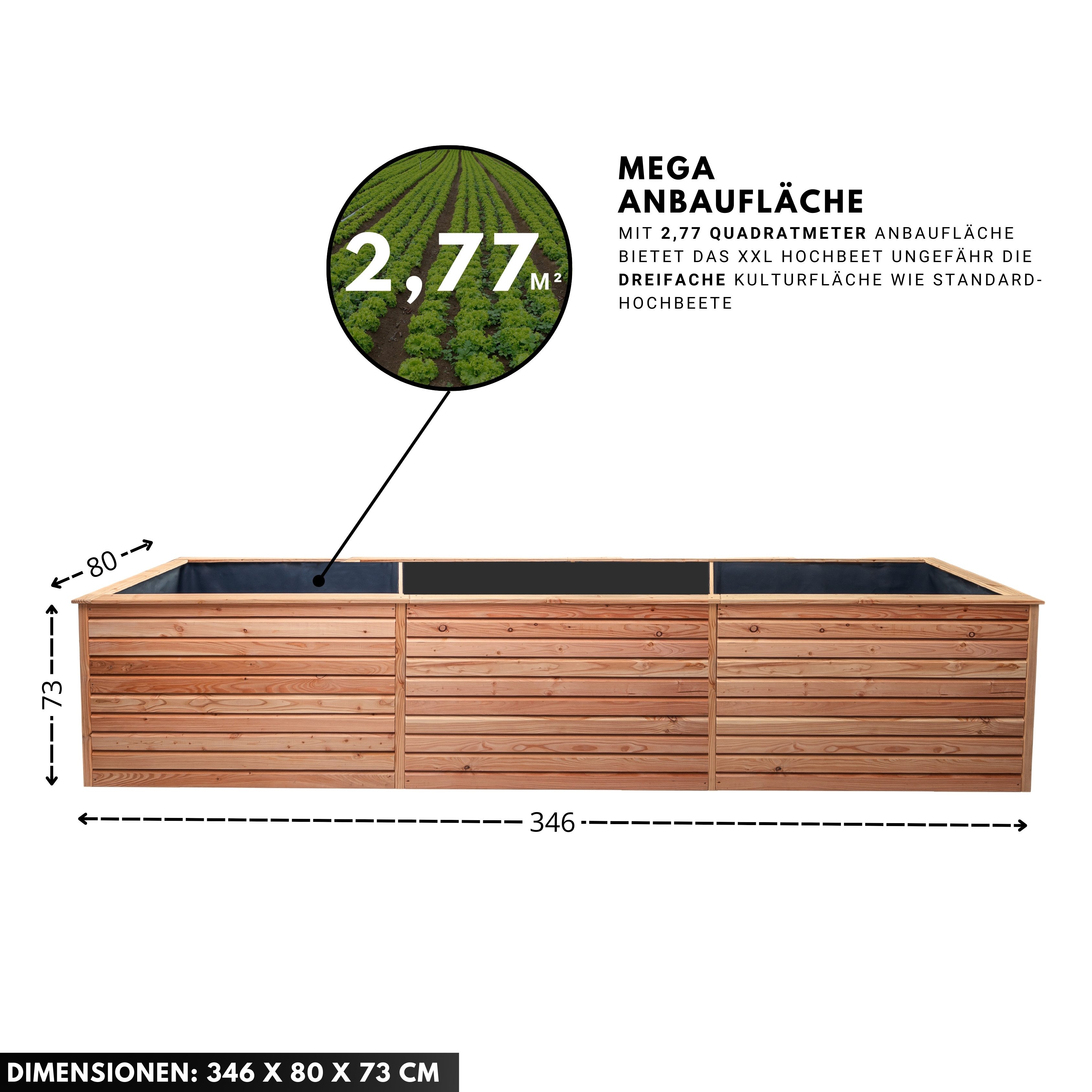 Mega-Holz Hochbeet Mega-Holz Hochbeet Rhombus XXL aus heimischer Lärchenholz, 346x80x73cm, Holz Blumenbeet für den Garten inkl. Pflanzfolie