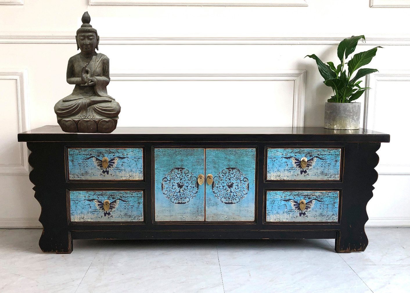 OPIUM OUTLET Kommode Kommode Schrank TV Asia Kommode Sideboard (schwarz-türkis, Breite x Tiefe x Höhe: 177 x 45 x 60 cm, Möbel komplett montiert, Hochzeitsschrank Vintage Landhaus-Stil), asiatisch chinesisch orientalisch fernöstlich