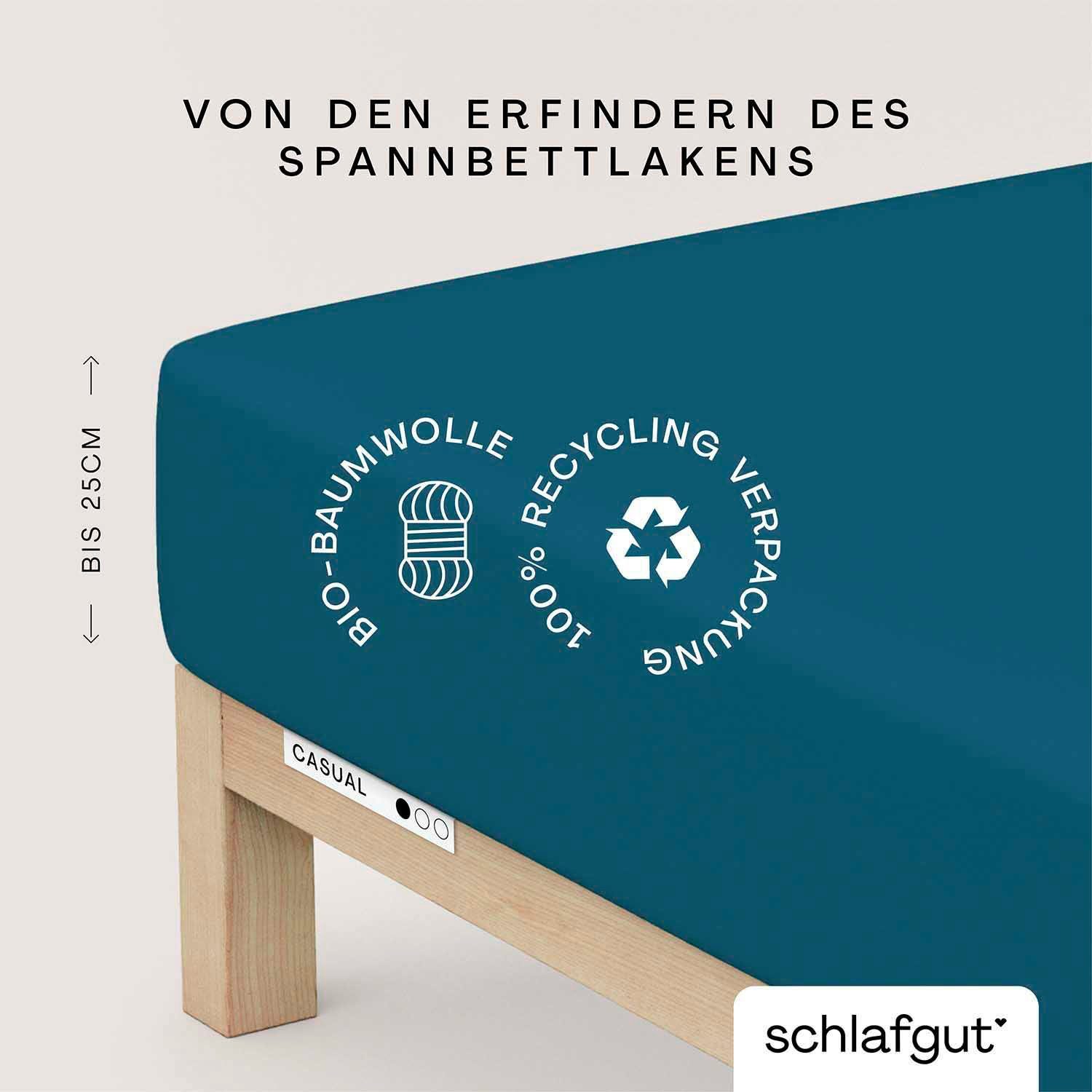Schlafgut Spannbettlaken CASUAL Bettlaken 100% gekämmte Bio-Baumwolle, 150 g/m², Spannbetttuch, Jersey, Gummizug: rundum, (1 Stück), Bettlaken bis 25 cm Höhe, langlebig, weich, Antipilling-Ausrüstung