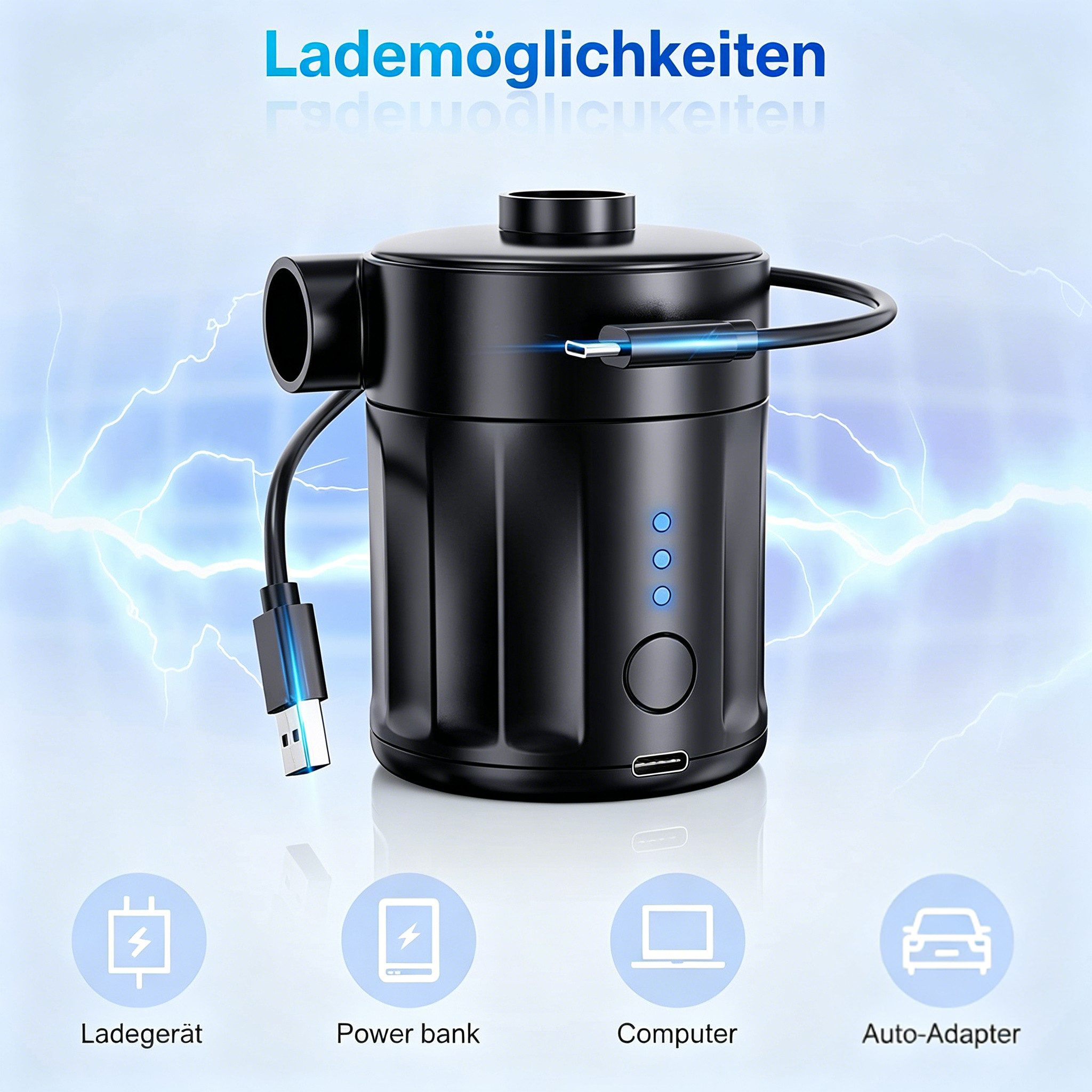 ibettertec Akku-Luftpumpe Akku-Luftpumpe Elektrische Luftpumpe 5Kpa Schnell Inflator mit 4 Düsen (Set, 4 Luftdüse, Ladekabel, Aufbewahrungstasche, Luftpumpe), 2-in-1 Aufblasen & Absaugen Elektrische Pumpe für Zuhause und Auto