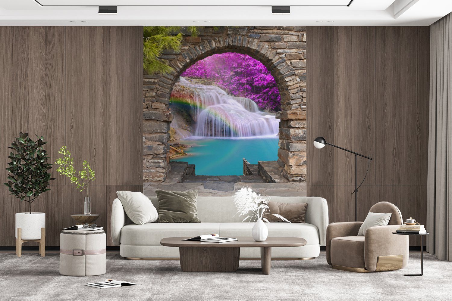 Matt, für Vinyl Blumen - - Fototapete Wasserfall MuchoWow St), (4 Montagefertig bedruckt, Wohnzimmer, Regenbogen Ausblick, - Wandtapete Tapete