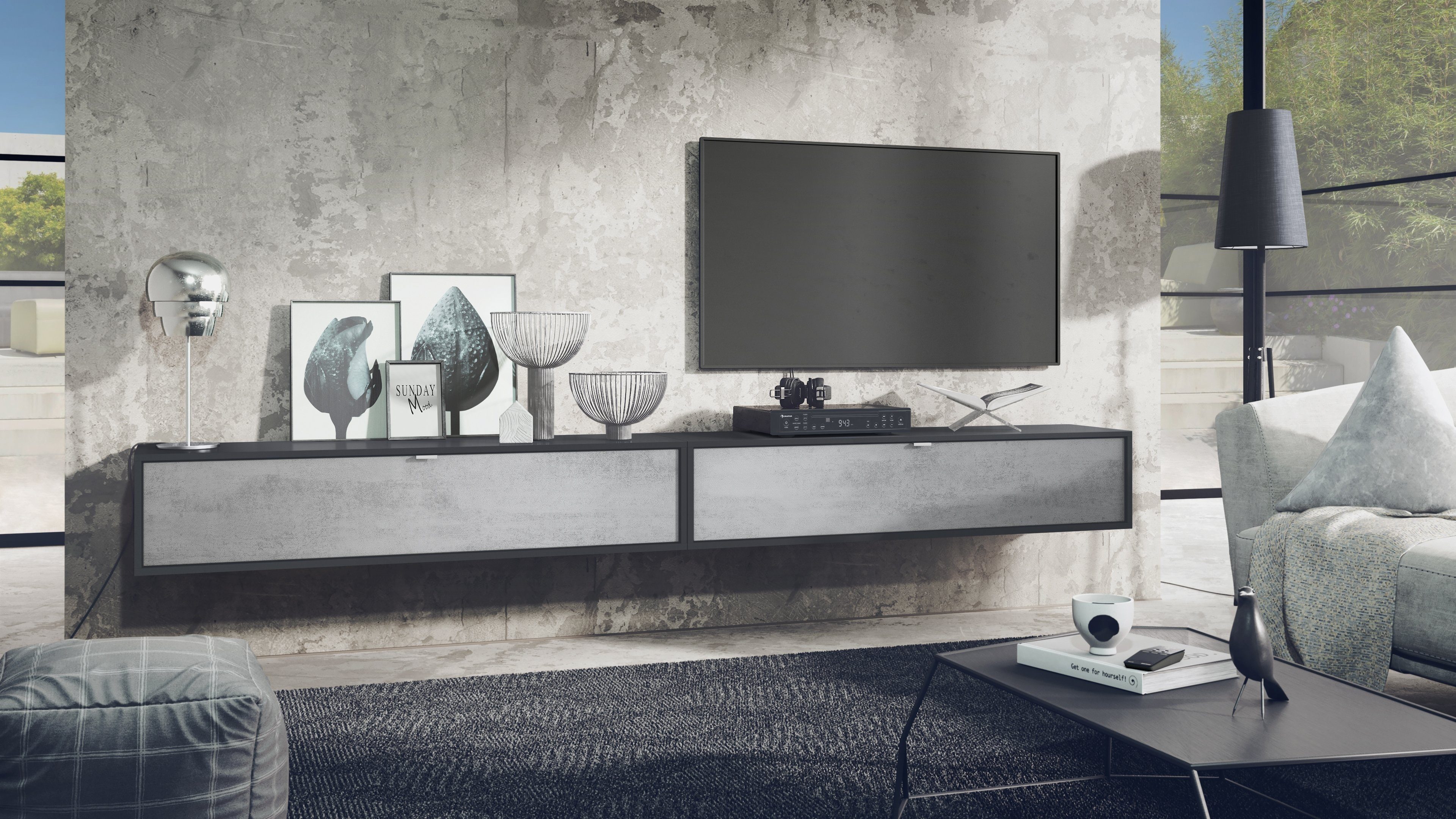 Vladon Lowboard Lana 1400 (2er-Set Tv-Kommode, mit Klappe dahinter 3 Fächer), Schwarz matt/Beton Oxid Optik (140 x 29 x 37 cm)