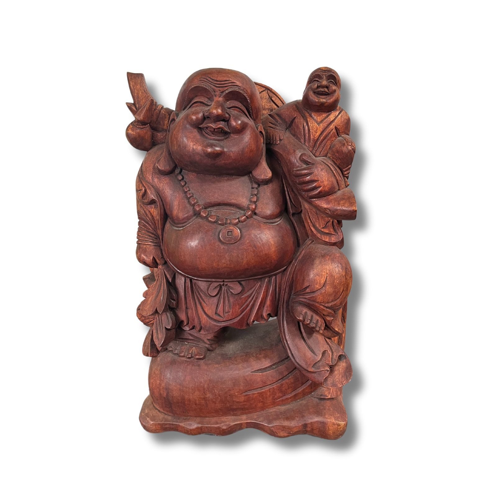 Asien LifeStyle Buddhafigur Große Happy Buddha Figur aus Holz (59cm) Reichtumsbuddha