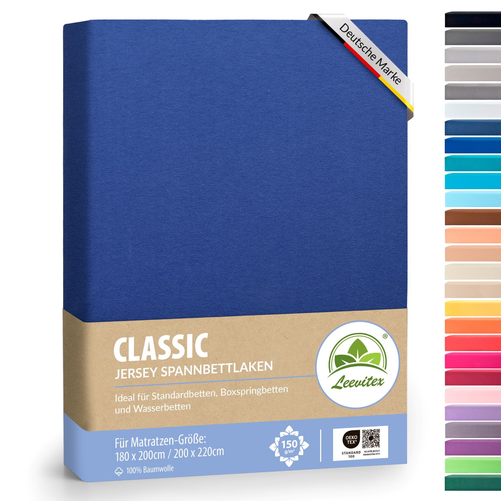 leevitex® Spannbettlaken 180x200 - 200x220 cm, 40 cm Steghöhe, Stoffdicke 150 g/m², Jersey, Gummizug: rundum, (1 Stück), OEKO-TEX® Standard 100 Zertifikatsnummer 10.HTR.85321 zertifiziert