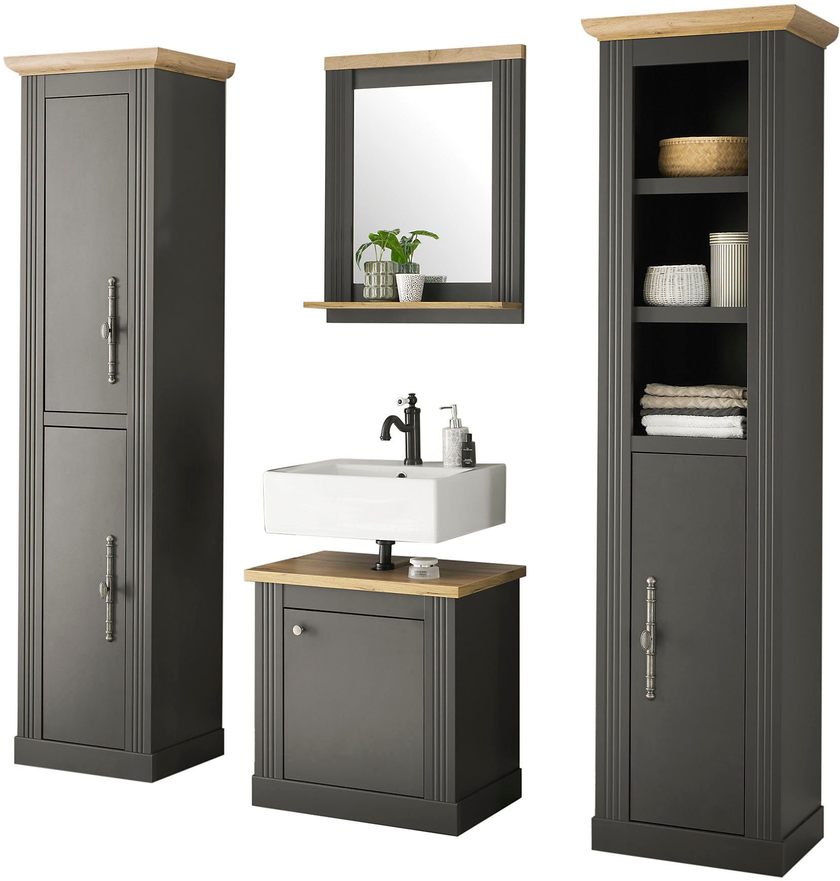 OTTO home Badmöbel-Set WESTMINSTER, Bad im Landhausstil, 4-teiliges Badezimmer, (4-St), Unterschrank, Spiegel, 2 Hochschränke, in 2 Farben, Breite 200 cm