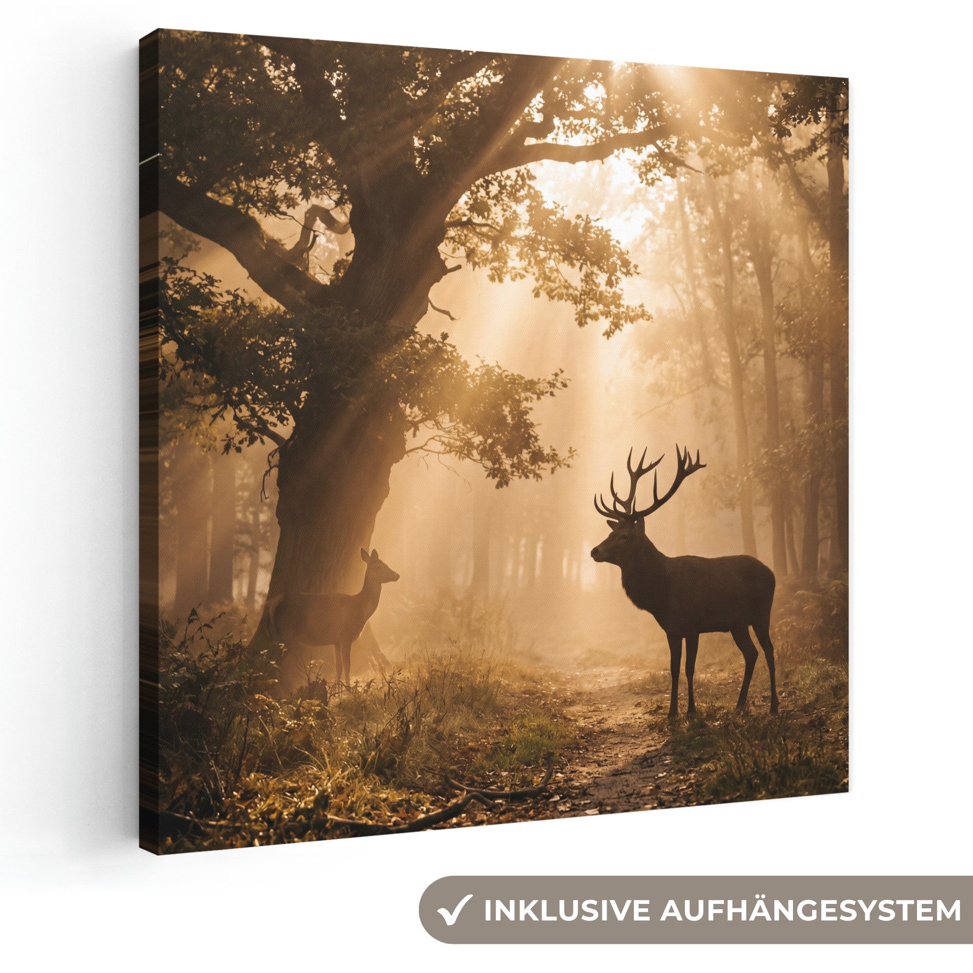 OneMillionCanvasses® Leinwandbild Hirsch - Wald - Neblig - Natur - Gold, Fotodruck (1 St), Wandbild, Deko Schlafzimmer Wohnzimmer Flur 20x20 cm