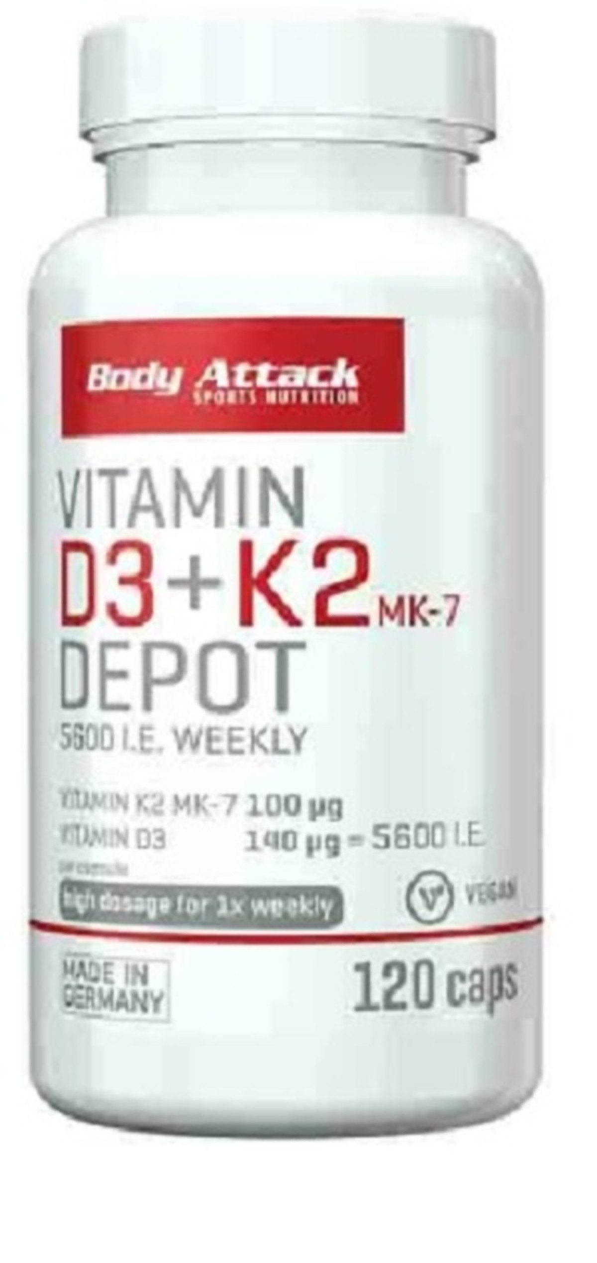 Body Attack Vitamin D3+K2 (120 caps) Kapseln, 51 g