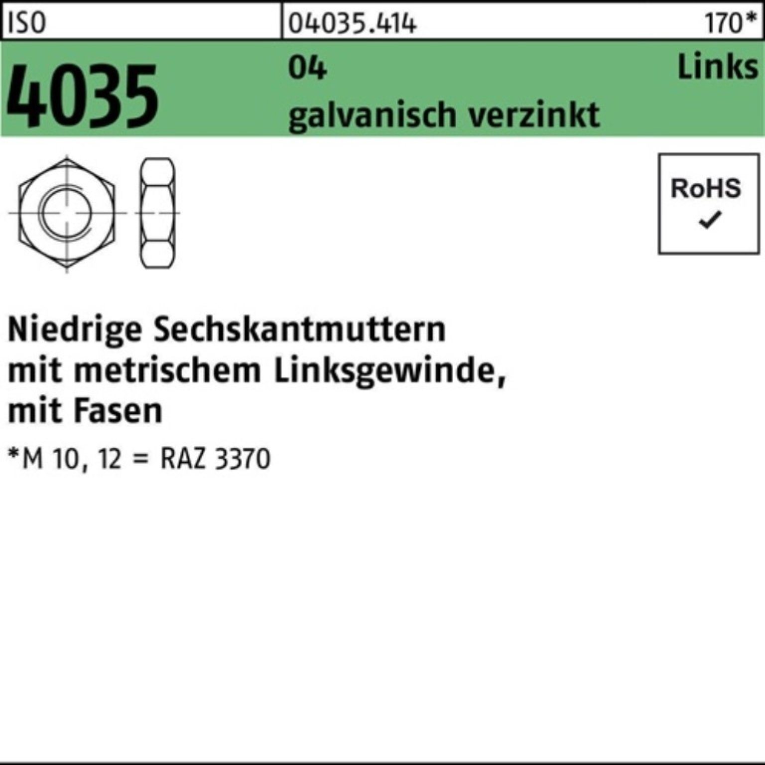 niedrig Fasen Sechskantmutter M8 ISO links Reyher 100er Pack Muttern Automatenst 4035