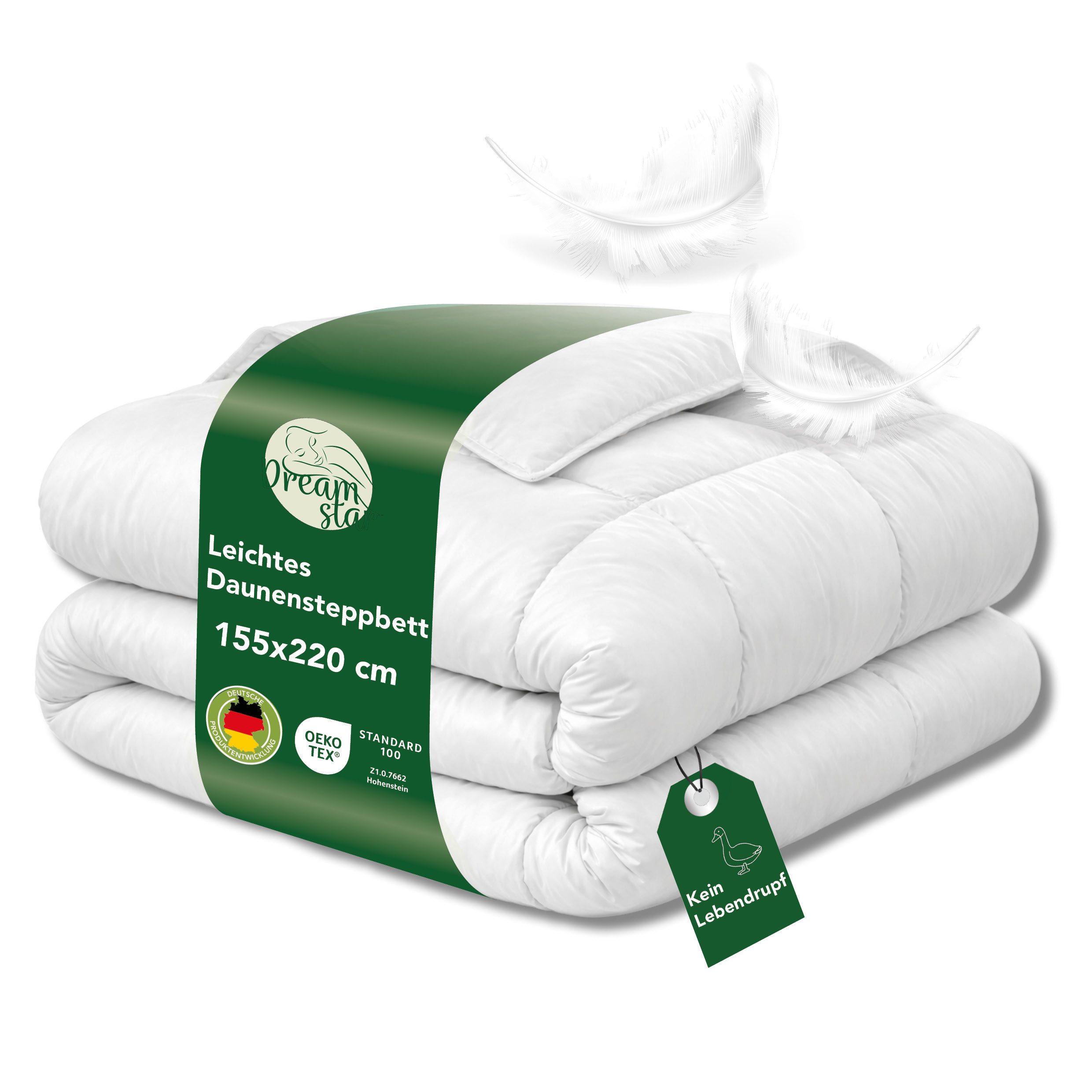 Dreamstar Daunenbettdecke Federbettdecke für Sommer oder Winter, Ganzjahresdecke, atmungsaktiv, Füllung: 70% Daunen, 30% Federn, Decke 135x200cm und 155x220cm, Allergikergeeignet, kein Lebendrupf