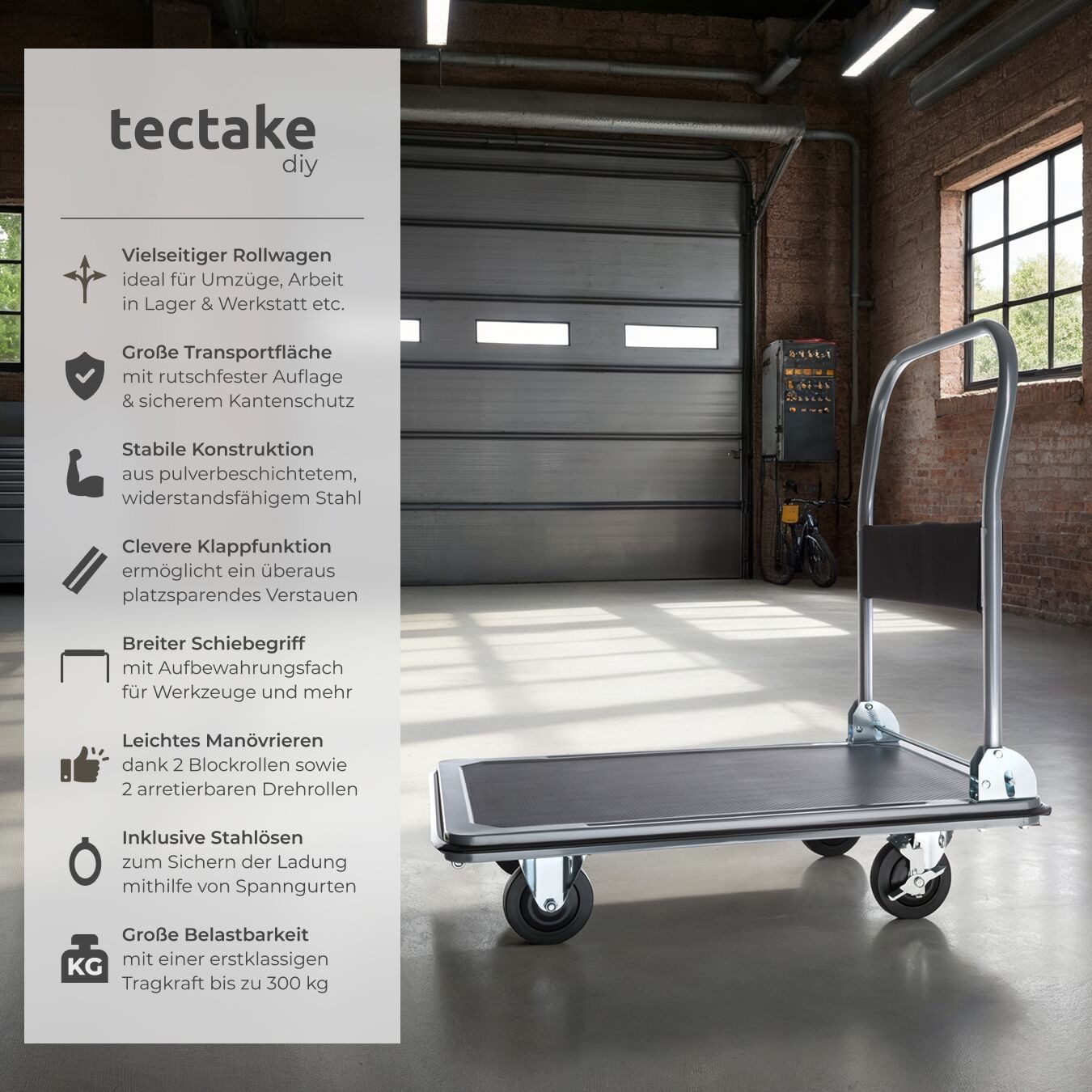 tectake Transportwagen Plattformwagen, (Set), klappbarer Handgriff mit Aufbewahrungsfach