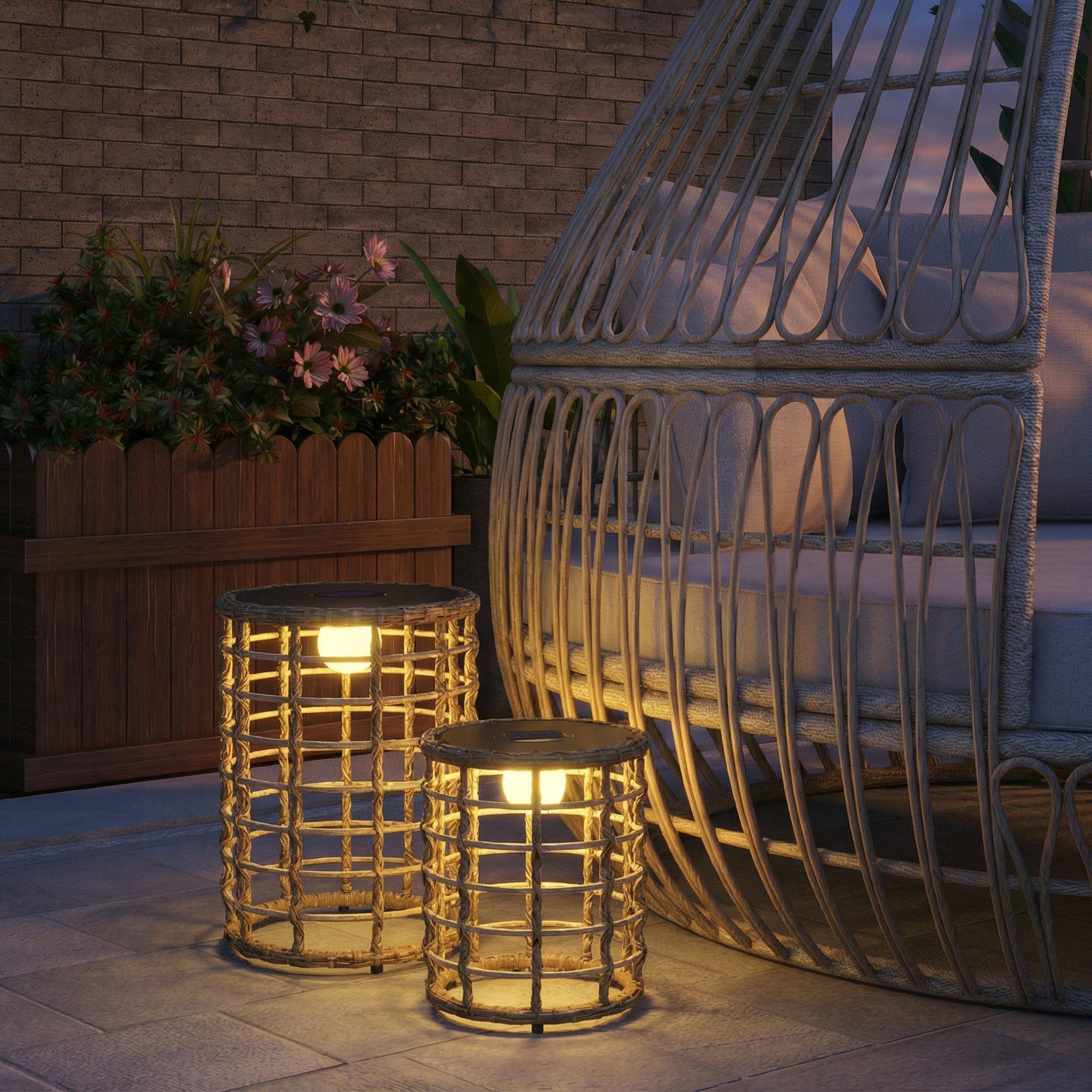Outsunny LED Solarleuchte Solar Stehlampe 2er Set Rattan Solarlampen mit Lichtsensor IP44, Ein-,Ausschalter, LED fest integriert, Warmweiß, für Garten Balkon Außen Rasen Hof