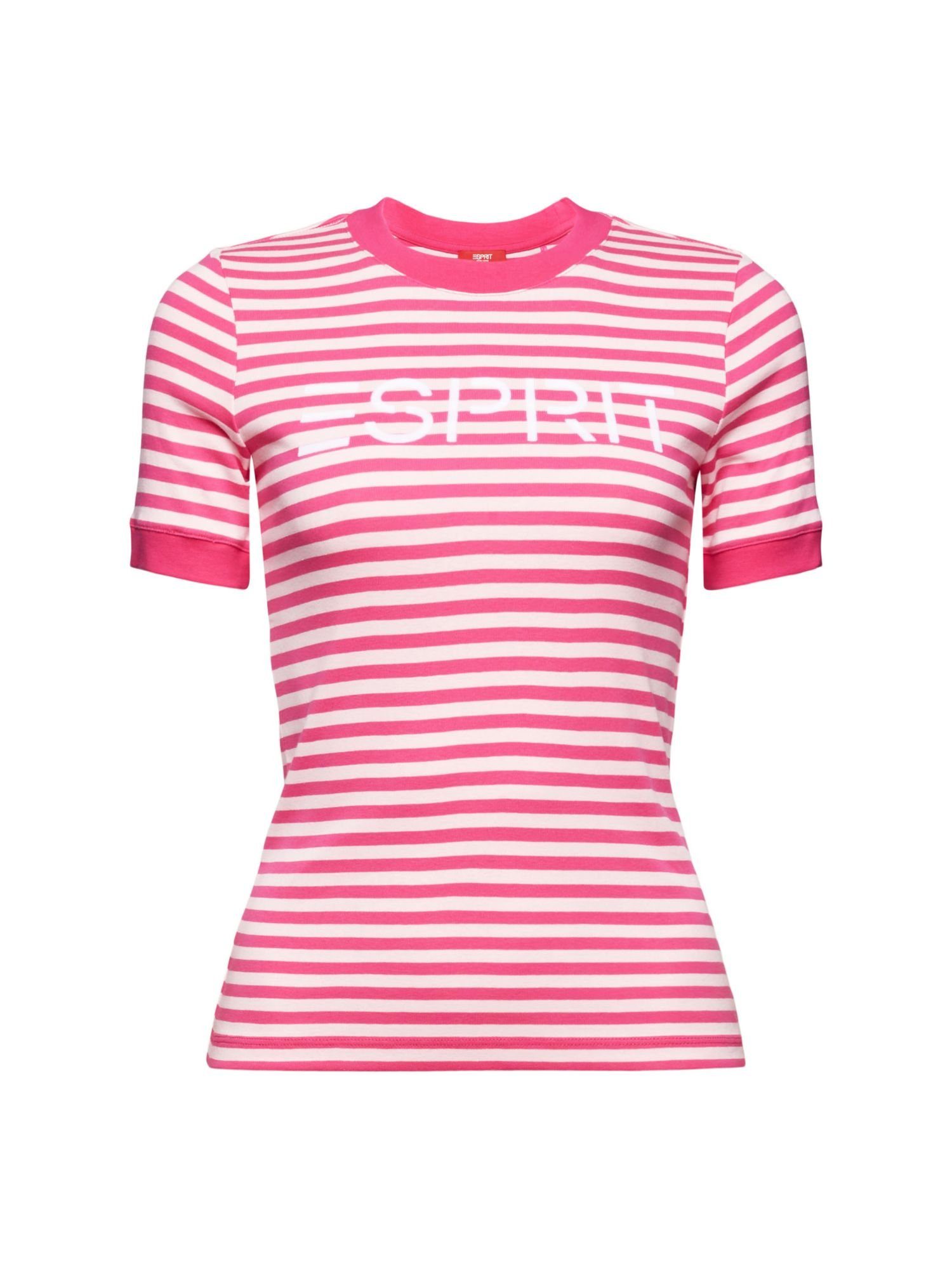 Esprit T-Shirt Gestreiftes Baumwoll-T-Shirt mit Logo-Print (1-tlg) PINK FUCHSIA