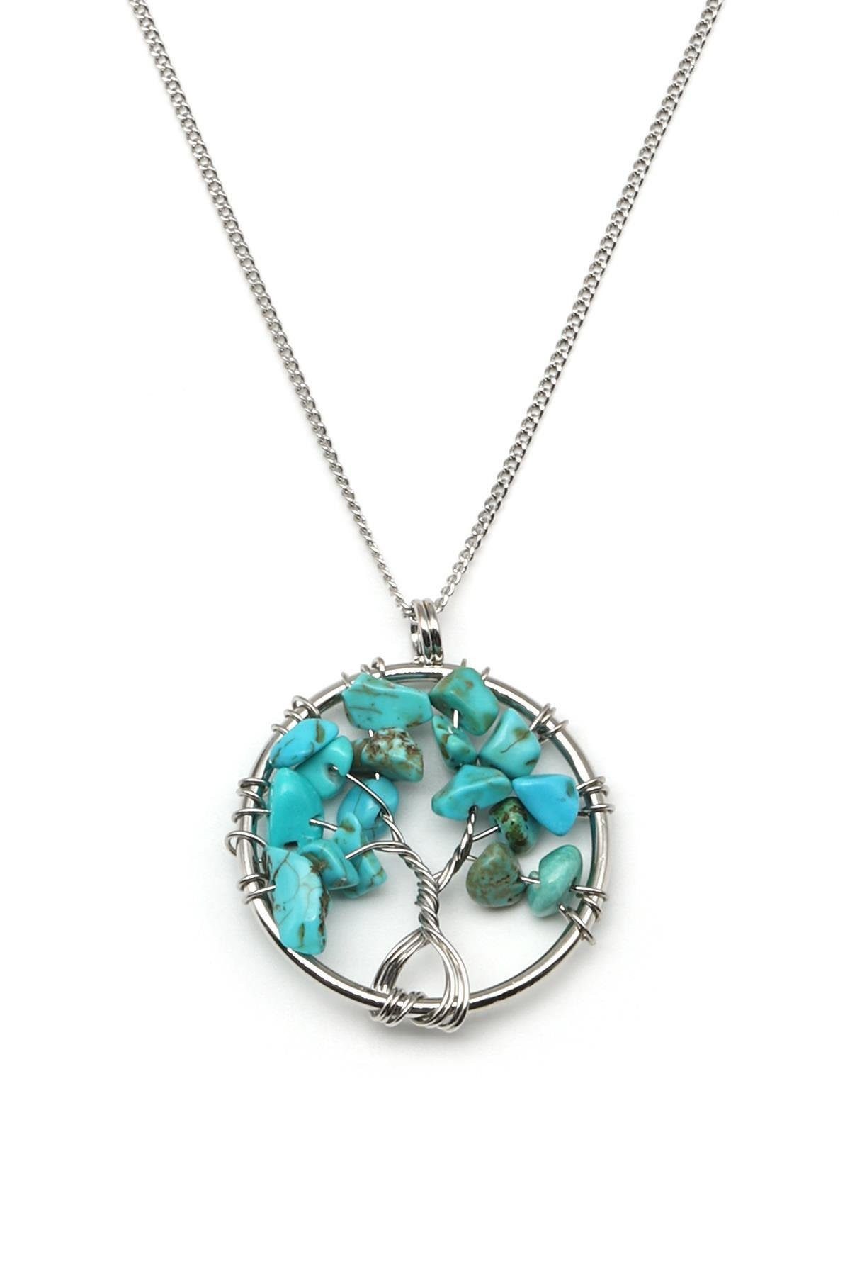 Nisan Edelstein, Türkis Lebensbaum Anhänger mit silberfarbener Kette Naturstein Schmuck