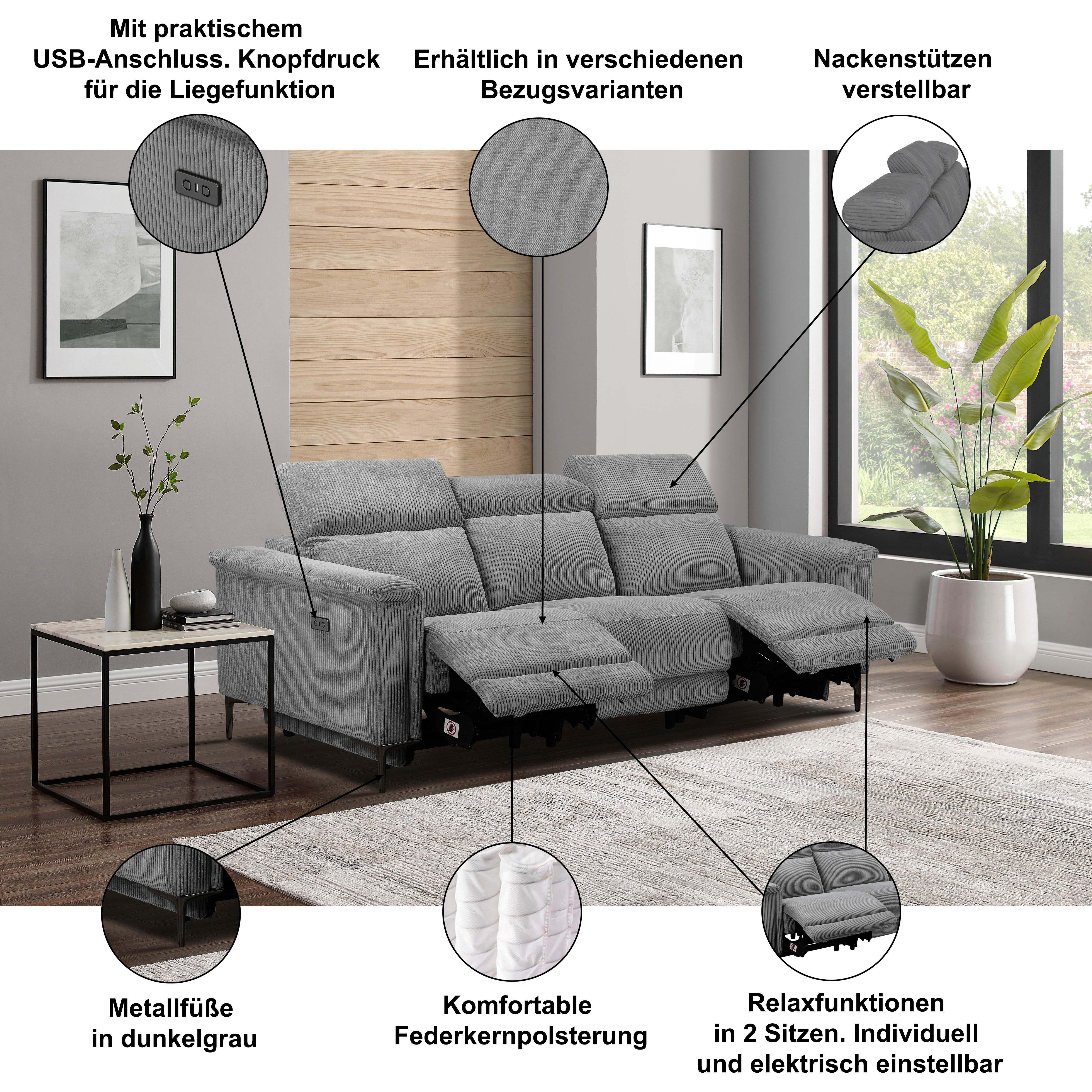 OTTO home 3-Sitzer LUND B: 222 cm - OTTO. Verlässliche Qualität. Mit Relaxfunktion, in 2 Sitzen (links/rechts), manuell/elektrisch (USB-C), Kopfteilverst.