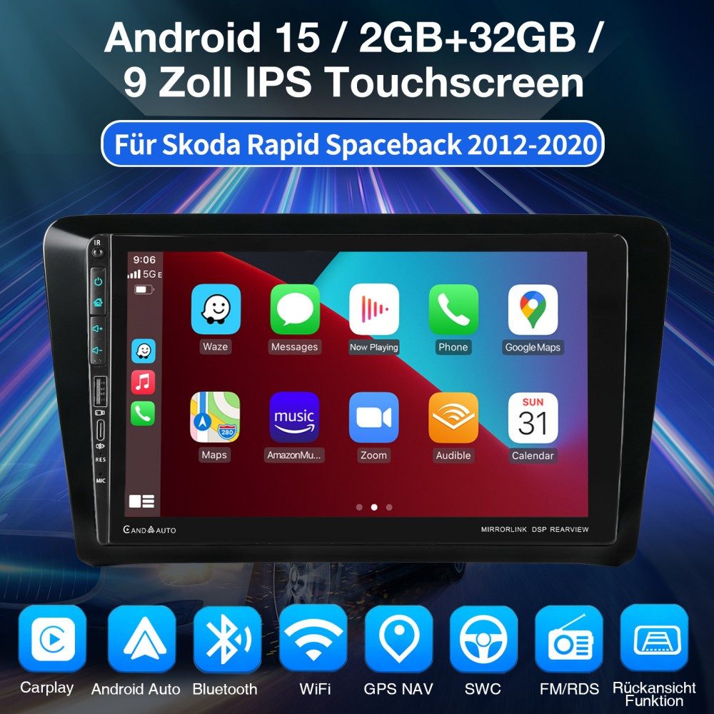 ESSGOO Für Skoda Rapid Spaceback 2012-2020 Android 15 Carplay Navi WIFI Autoradio (RDS, Digitalradio (DAB), FM, AM)