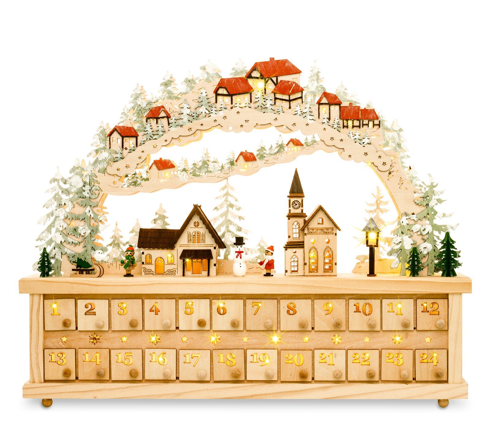 SIKORA Schwibbogen LB80 Winterdorf Adventskalender XXL LED und 24 Schubkästchen