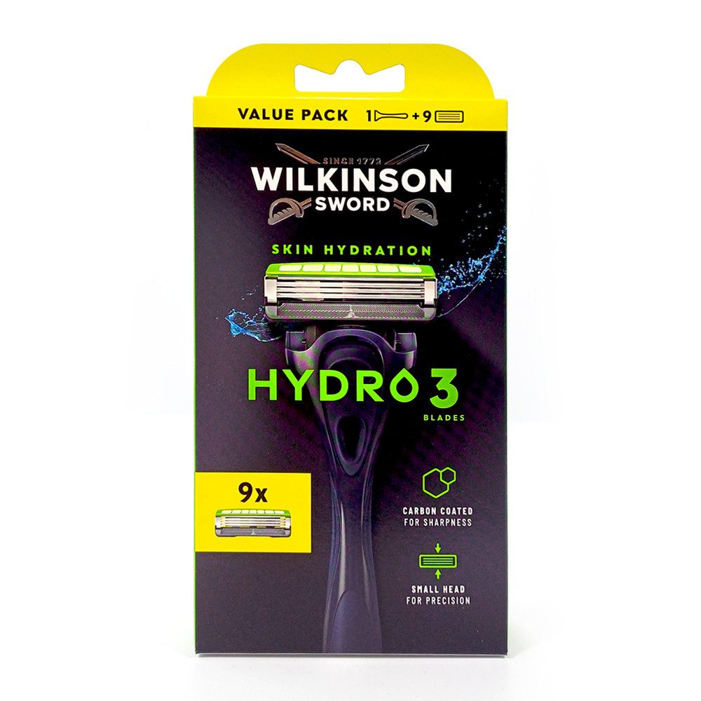Wilkinson Rasierklingen Wilkinson Hydro 3 Hydrating Gel Rasierer + 8 Ersatzklingen, 3-tlg., mit aufschäumenden Hautconditioner