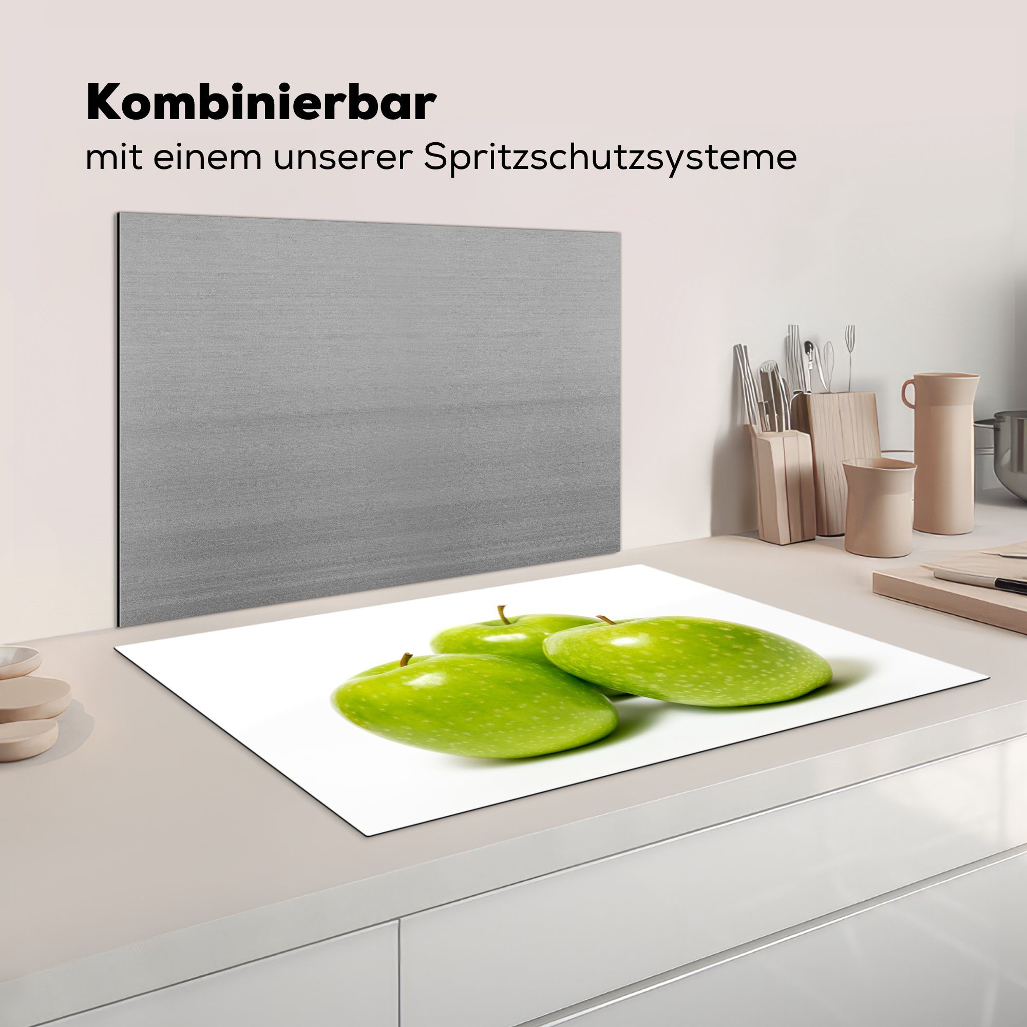 cm, MuchoWow Schutz Ceranfeldabdeckung Drei Vinyl, 81x52 Granny-Smith-Äpfel, (1 die Induktionskochfeld küche, Herdblende-/Abdeckplatte für tlg),