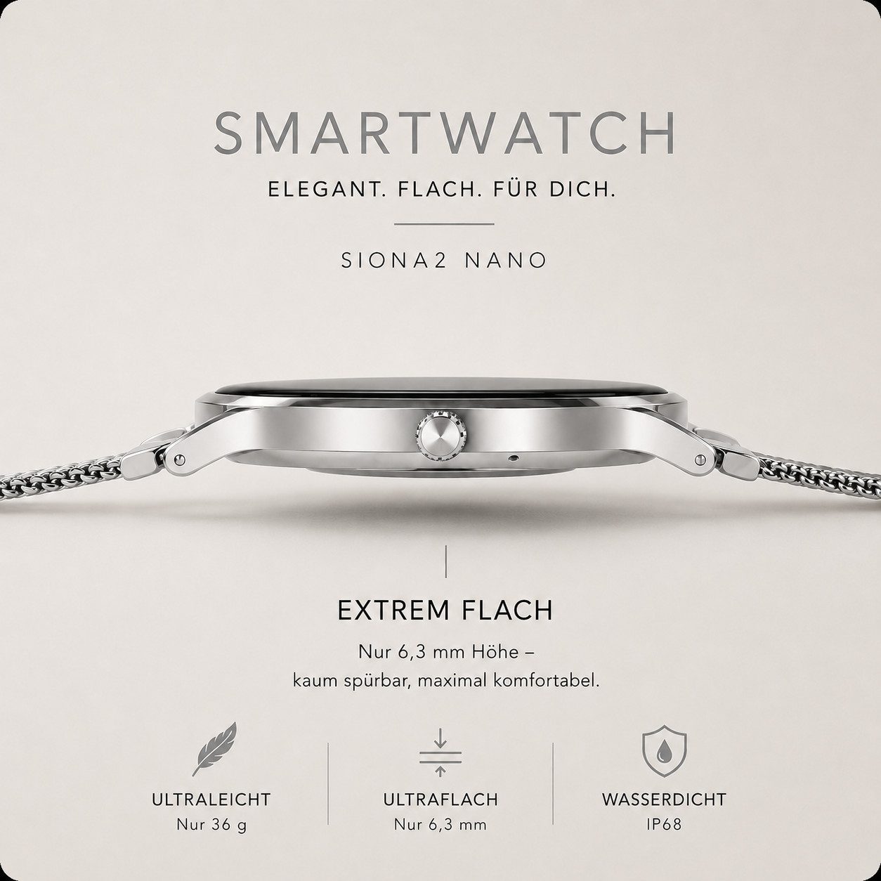 XCOAST SIONA 2 NANO - ultra kleine Damen Smartwatch (3,7 cm/1,19 Zoll, iOS und Android) Filigran, Frauen Armbanduhr, Fitnesstracker, 1-tlg., Fitness Tracker, Damenuhr, 7 Tage Akku, Wasserdicht, Puls, Blutdruck, Blutsauerstoff