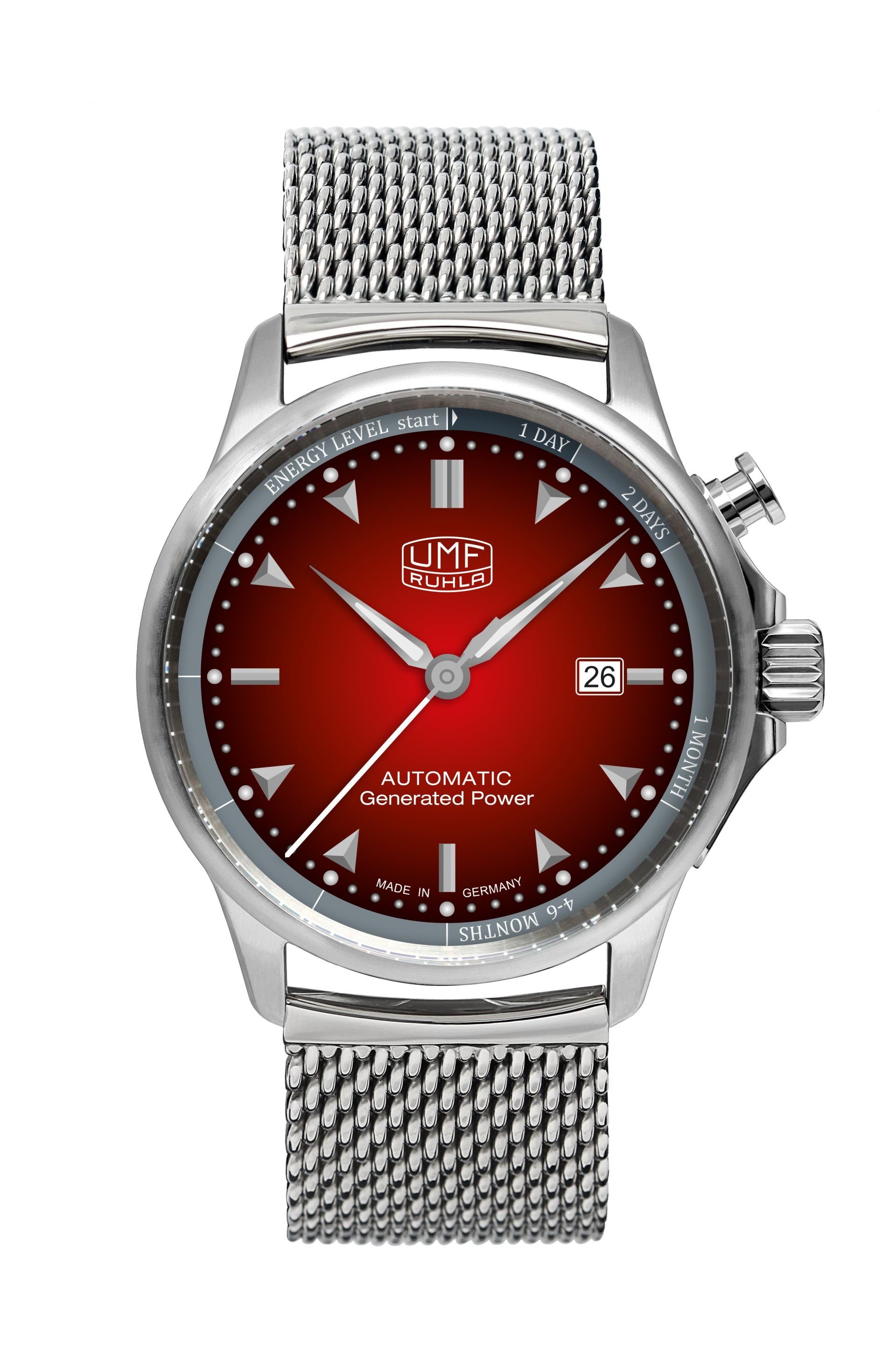 UMF Ruhla Kineticuhr 1062M-5, Ziffernblatt rot, Autokinetic Herrenuhr mit Milanaiseband, silber - Made in Germany