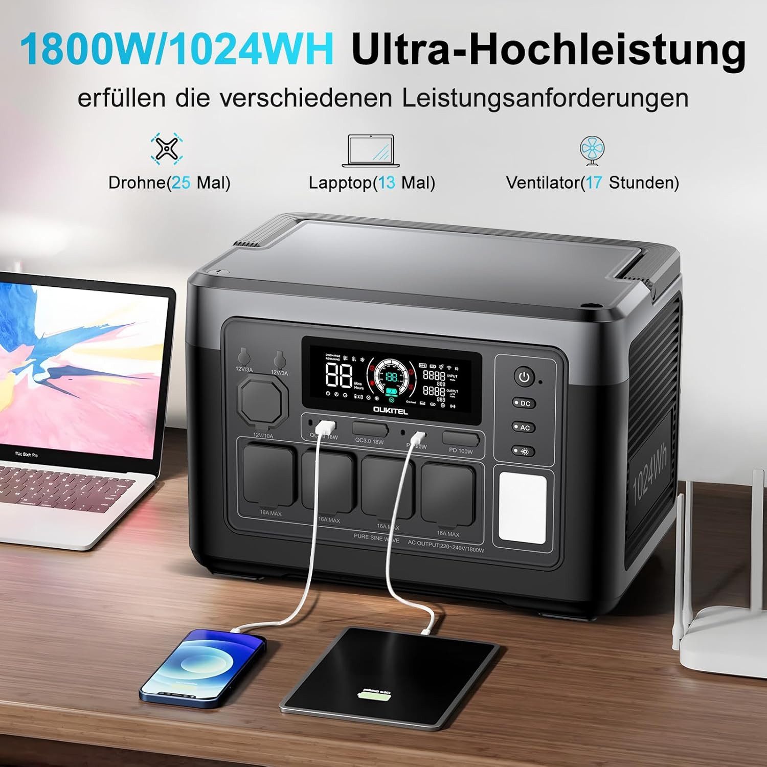 OUKITEL Stromerzeuger P1000E Plus 1800W/1024Wh Tragbare Powerstation, 1,8 in kW, (LiFePO4-Akku, 1-tlg., Mit 200W Solarpanel), Solargenerator mit 4*1800W AC Ausg – Bild 3 von 5