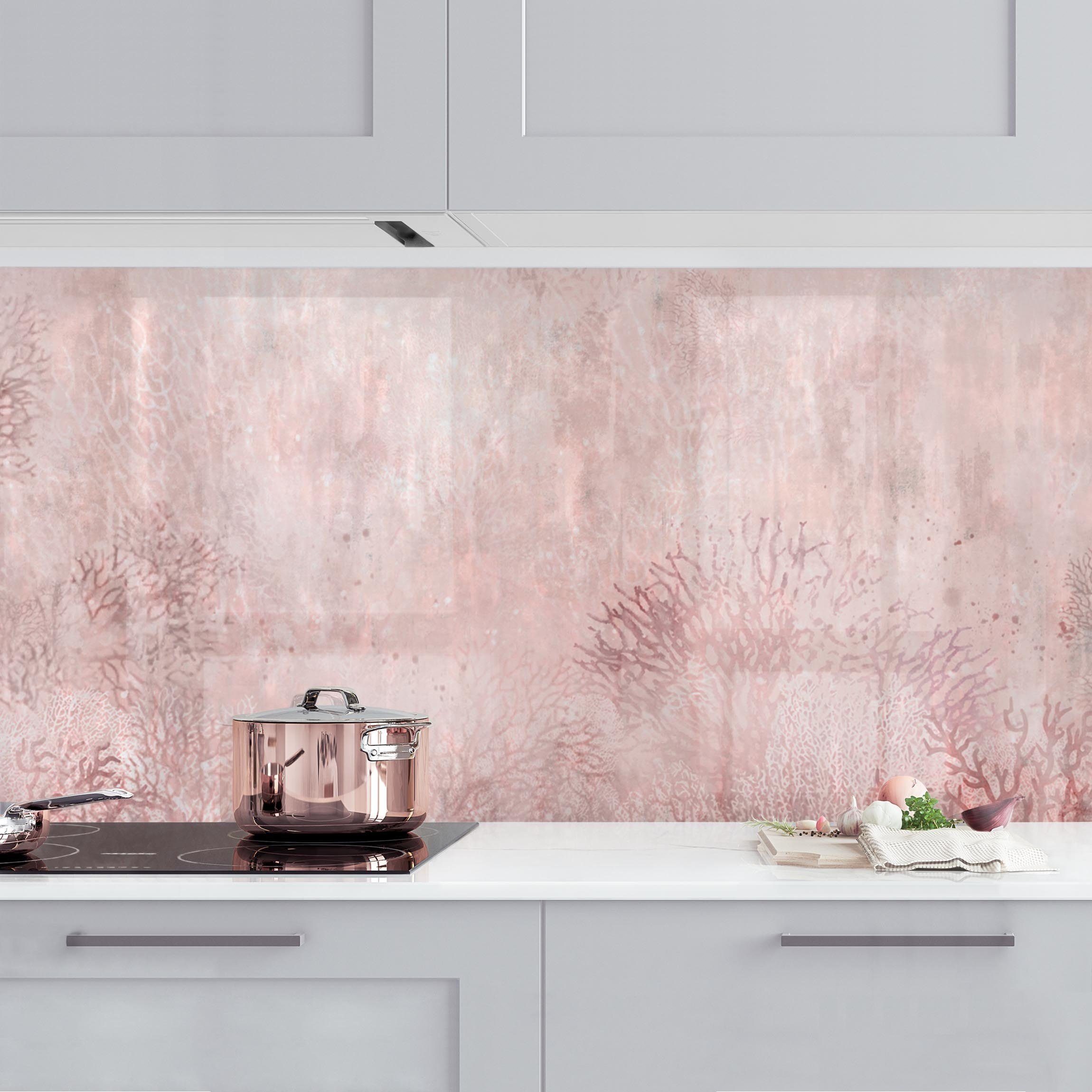 Bilderdepot24 Küchenrückwand rosa dekor Kunst Vintage Rosa Korallengrund Wandverkleidung Küche, (1-tlg., Nischenrückwand - für Fliesenspiegel ohne Bohren - matt), Spritzschutz Rückwand Küche Herd - Folie selbstklebend versch. Größen