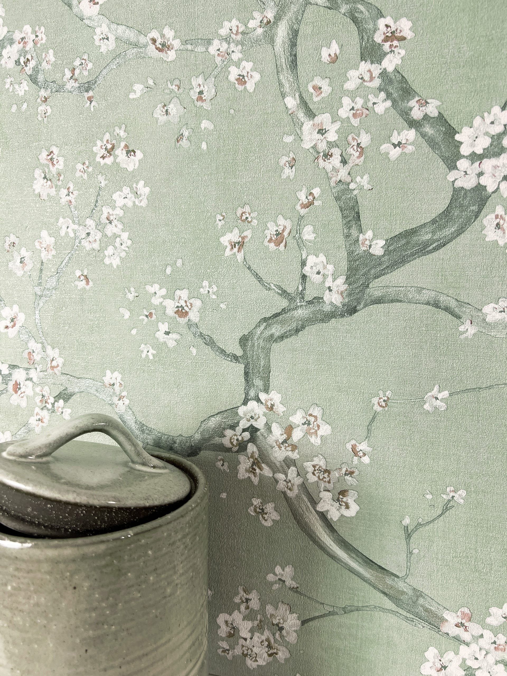 Newroom Vliestapete, Grün Tapete Floral Kirschblüten - Mustertapete Blument günstig online kaufen