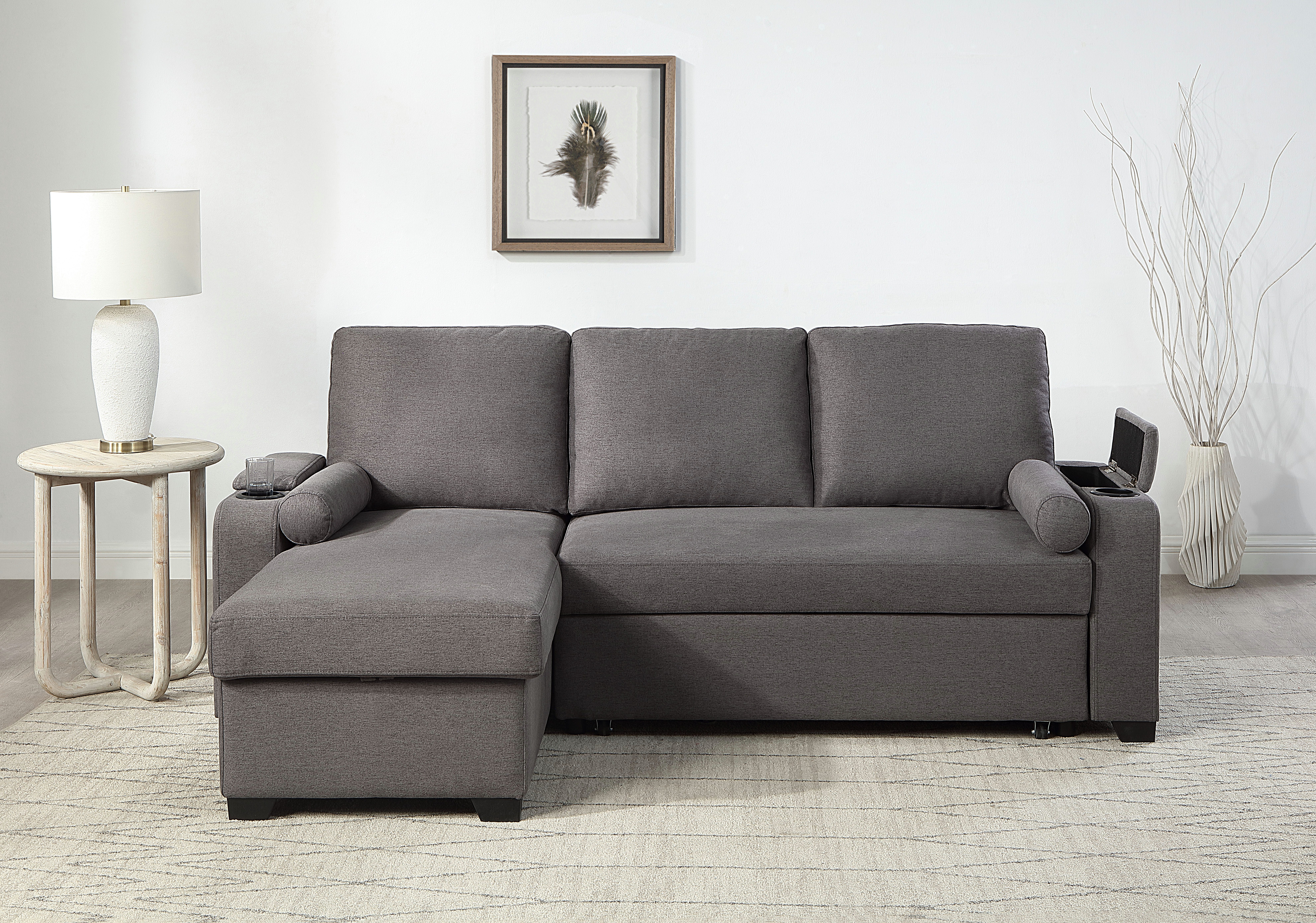OTTO home Ecksofa Gorje L-Form, B:216cm, Liegefläche: 125x200, mit Schlaffunktion, Stauraum, Becherhalter, Staufächer & Kissenrollen