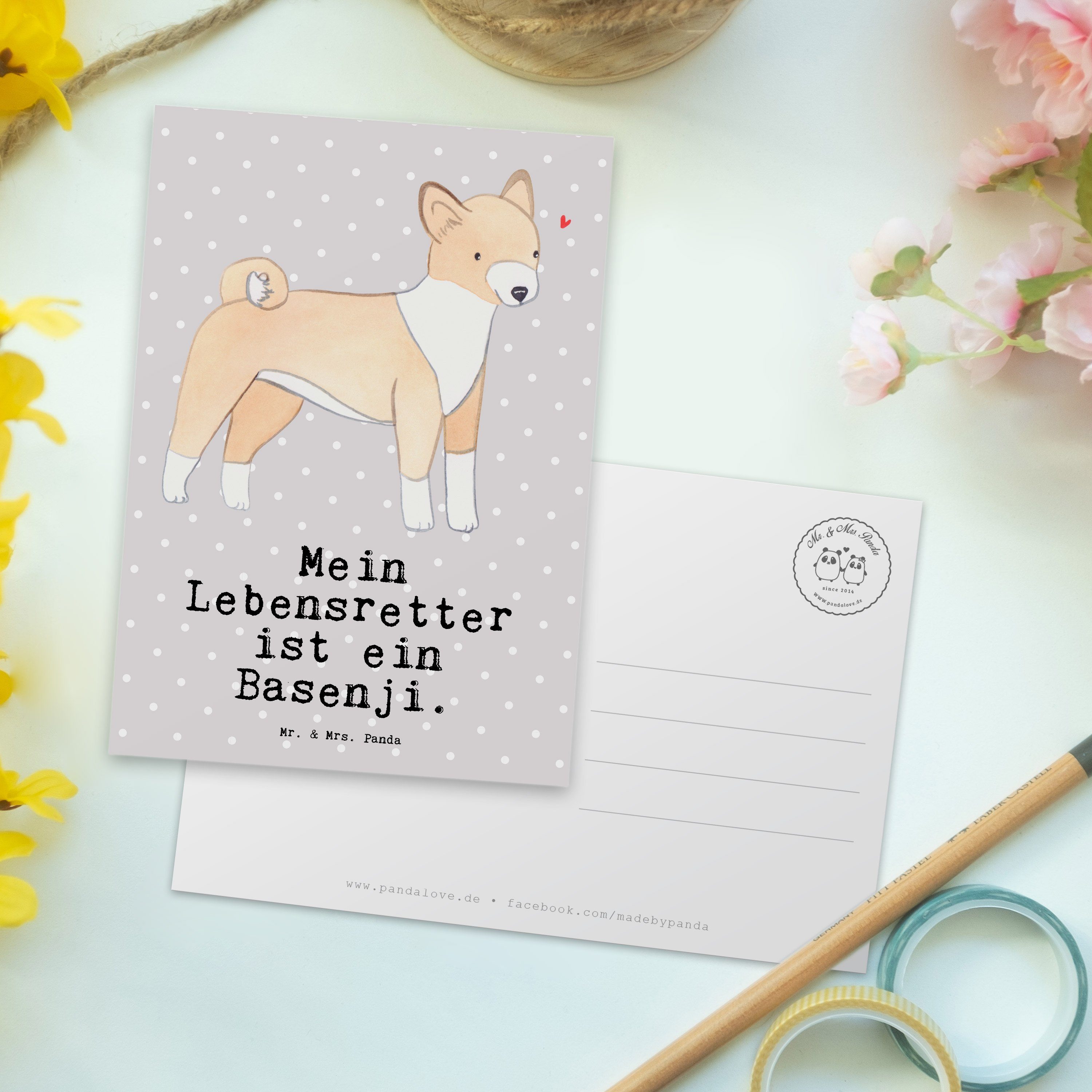 Postkarte Basenji Geschenk, - - Pastell Lebensretter Geschenkkarte, Mr. & Panda Hundeb Mrs. Grau