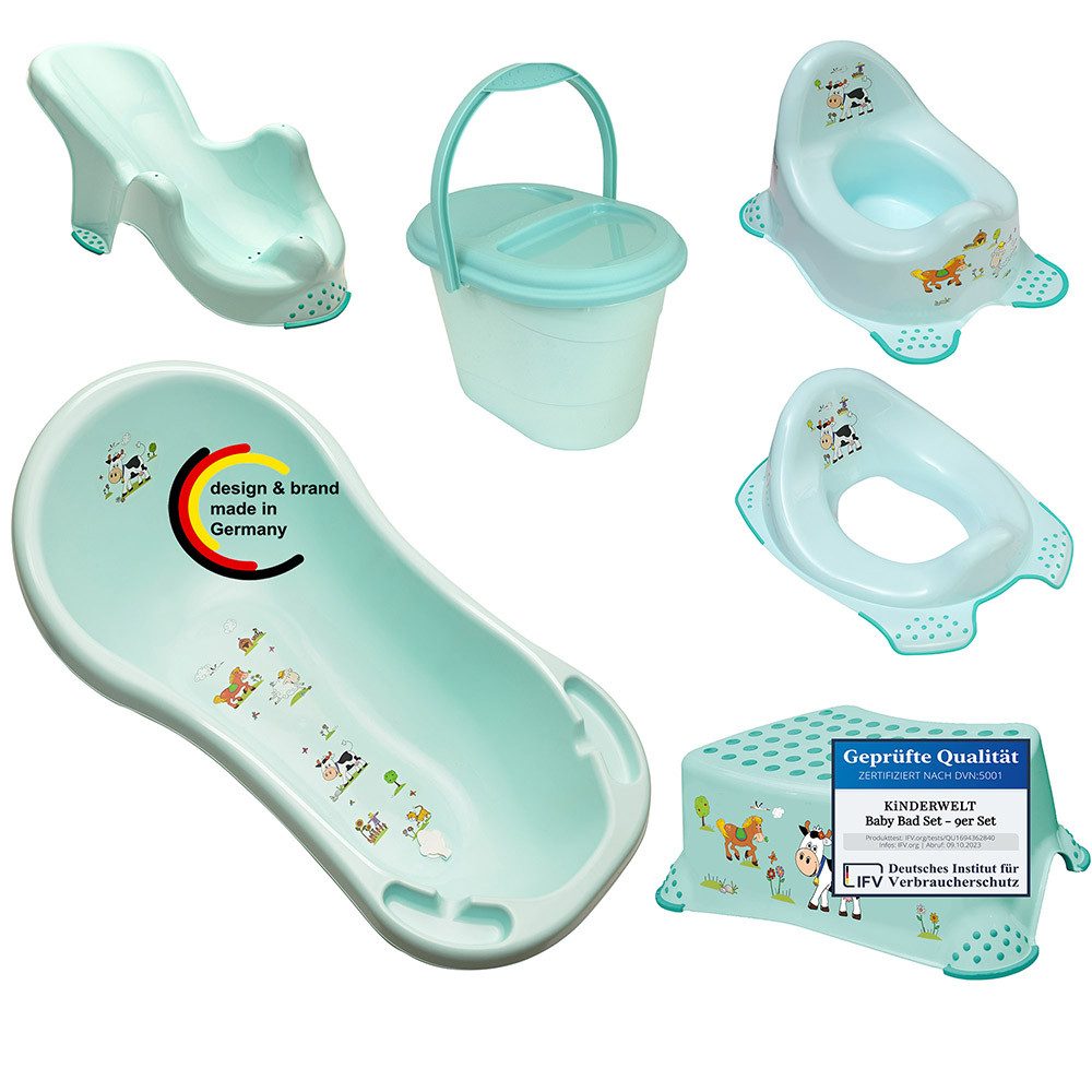 KiNDERWELT Babybadewanne 6er Set Funny Farm aqua XXL Badewanne+Badesitz+zubehör, (9-tlg)