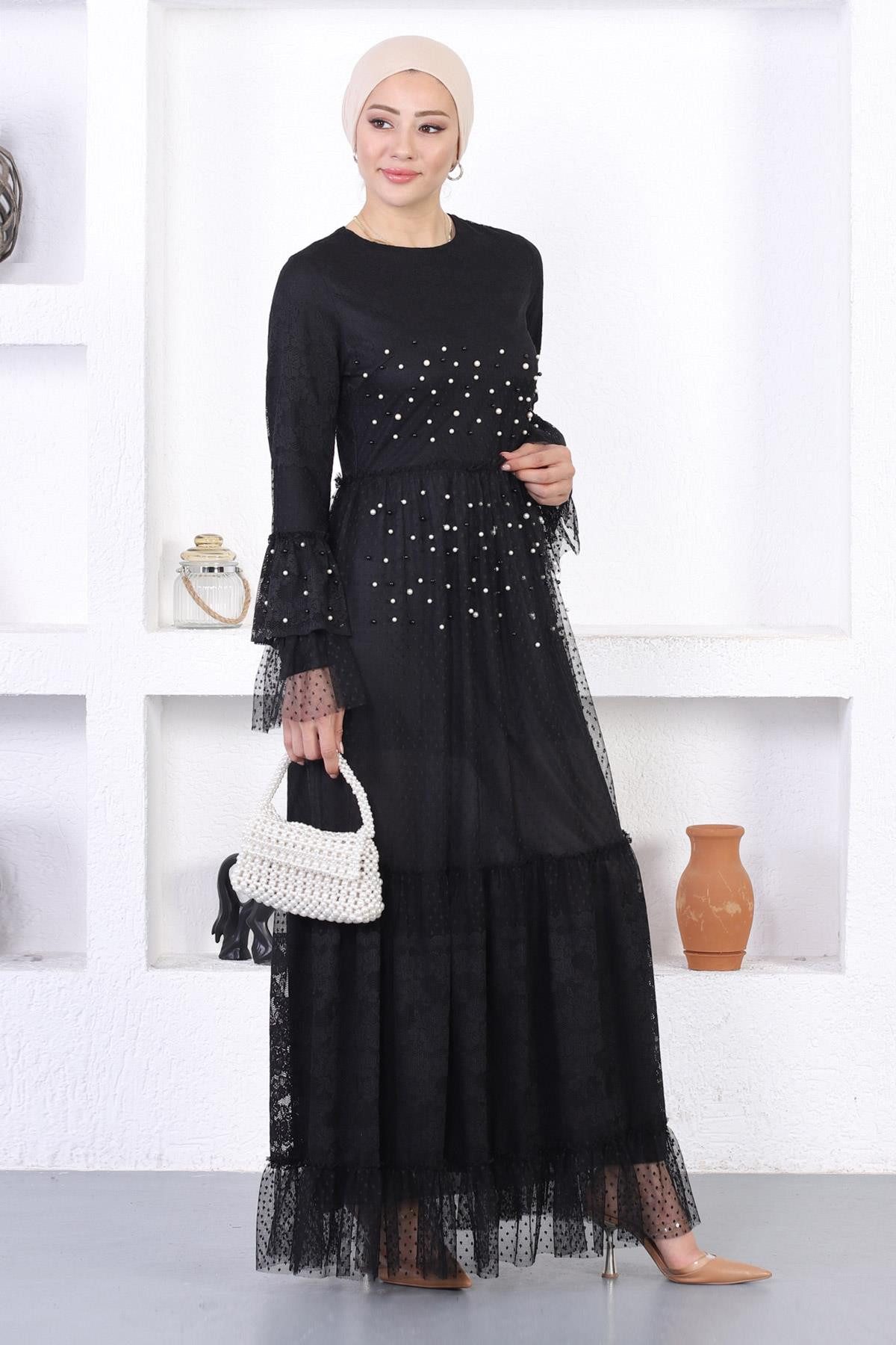 MODAMİHRAM Midikleid Perlen Spitze Rüschen Ärmel Abendkleid