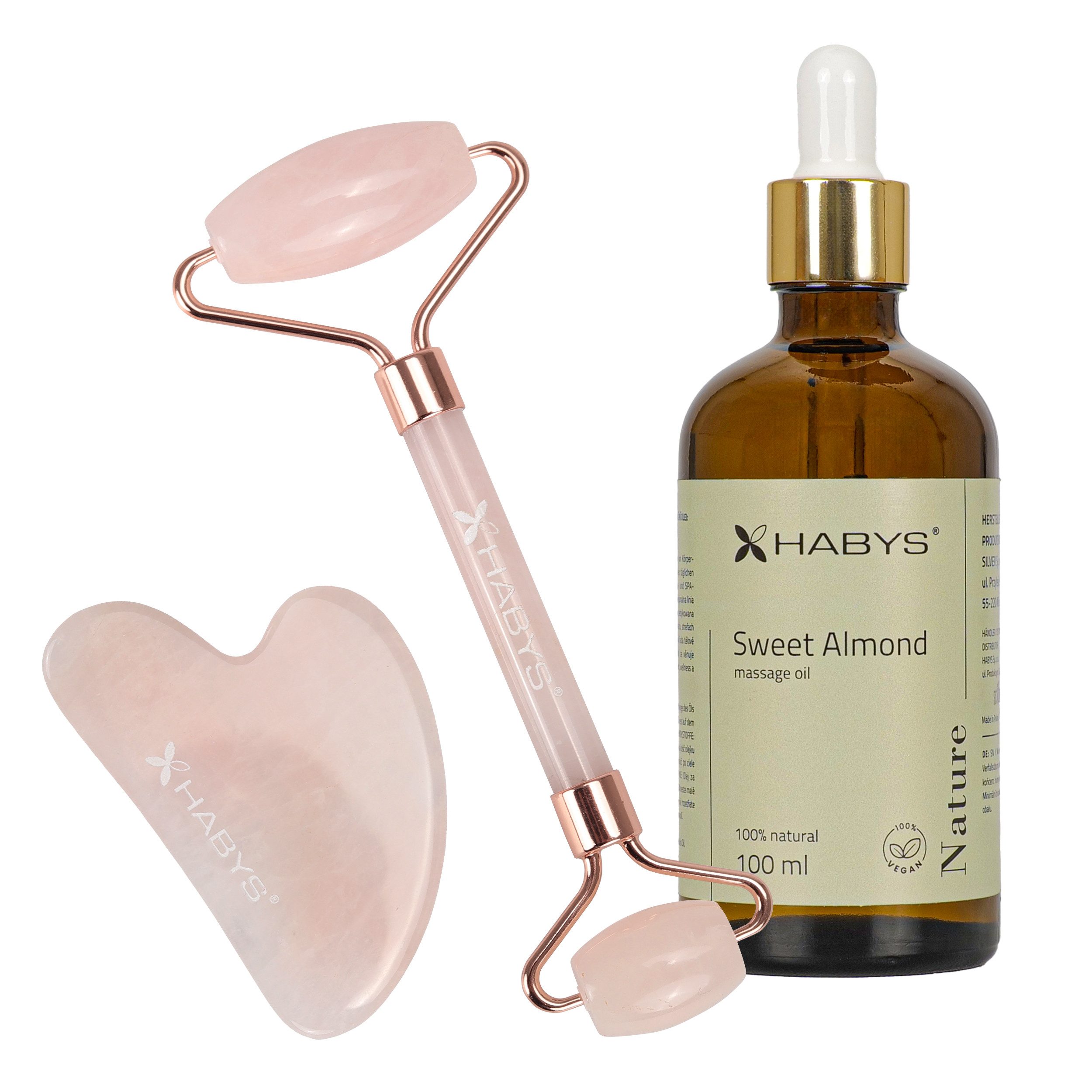 Habys Massageliege Gesichts-Massage-Set Rosenquarz Gua Sha + Roller + Mandelöl 100 ml