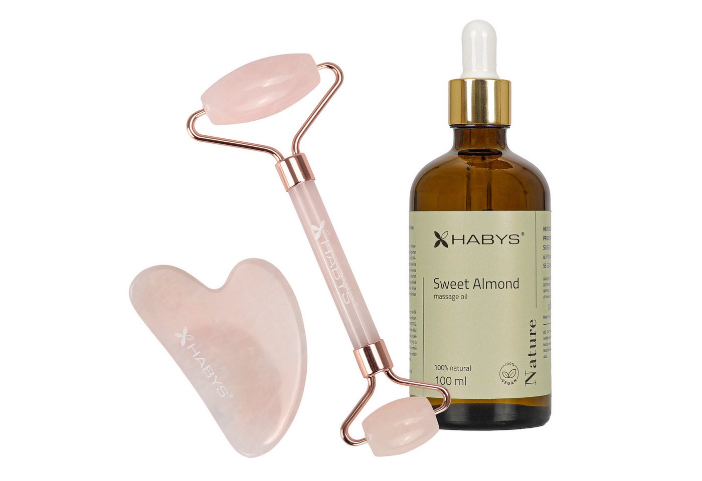 Habys Massageliege Gesichts-Massage-Set Rosenquarz Gua Sha + Roller + Mandelöl 100 ml
