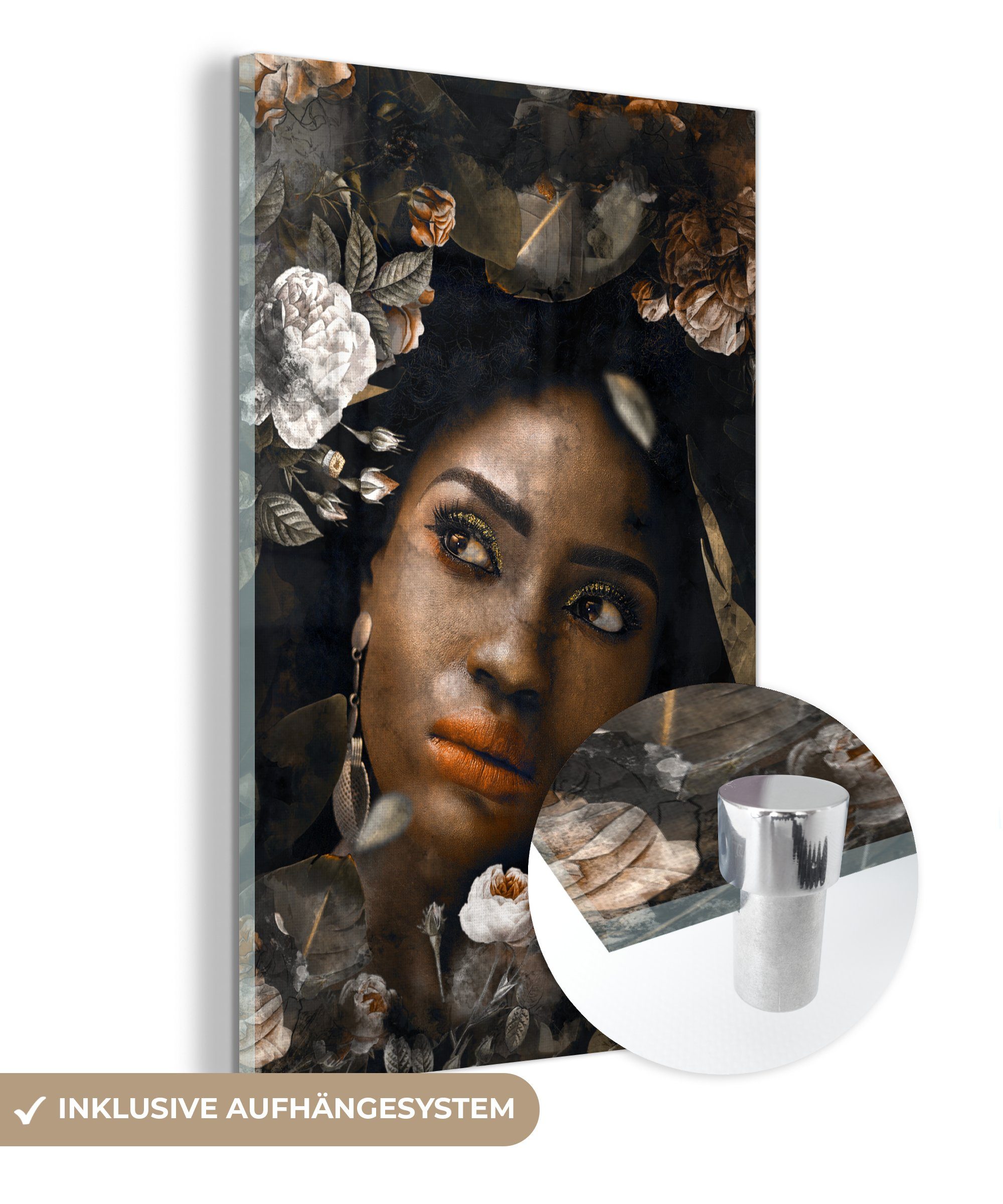 MuchoWow Acrylglasbild Frau - Blumen auf Wanddekoration - Glas Glas - auf St), Farben, Wandbild - Bilder Glasbilder - Foto (1