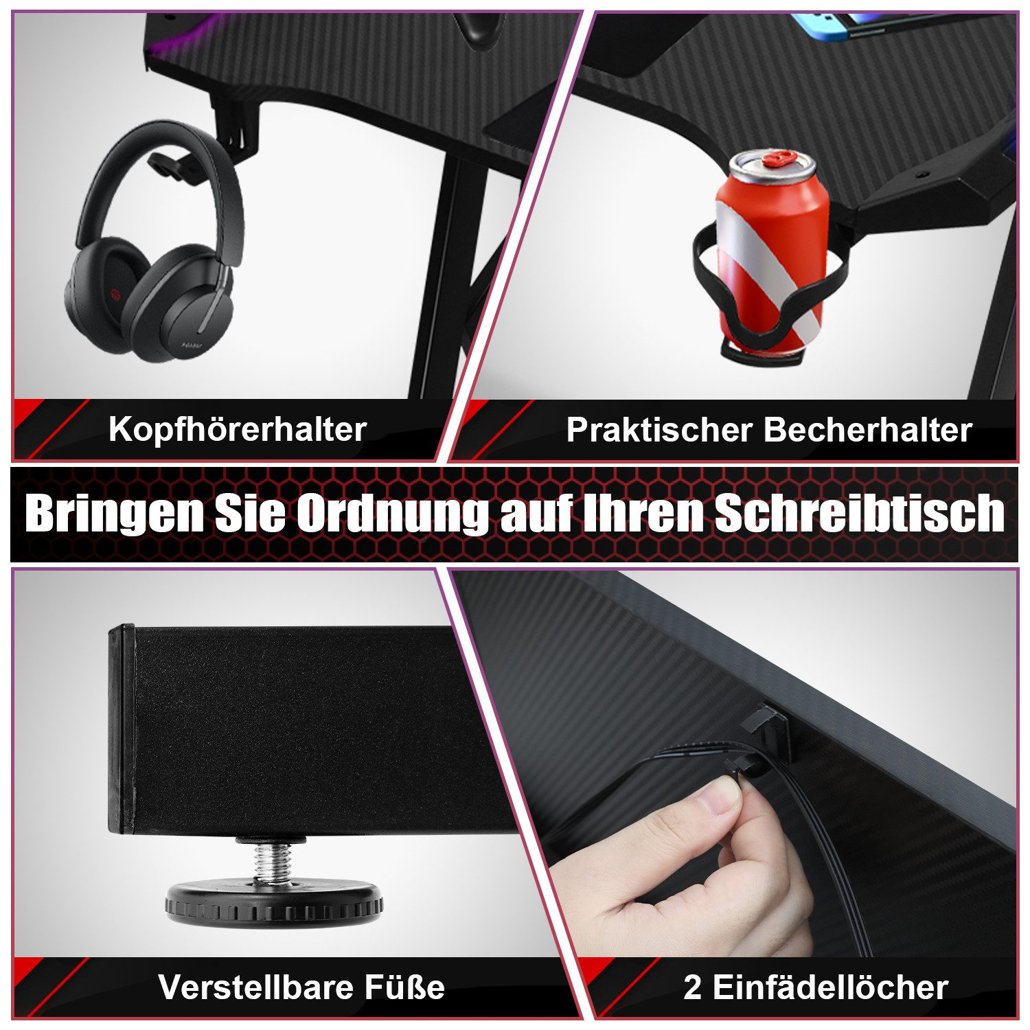 Clanmacy Gamingtisch Gaming Schreibtisch 120/140x60 cm mit Mauspad, LED & Kabelmanagement (Enthält nur Mauspad, 120x60x75cm), Ergonomischer, Kabelmanagement