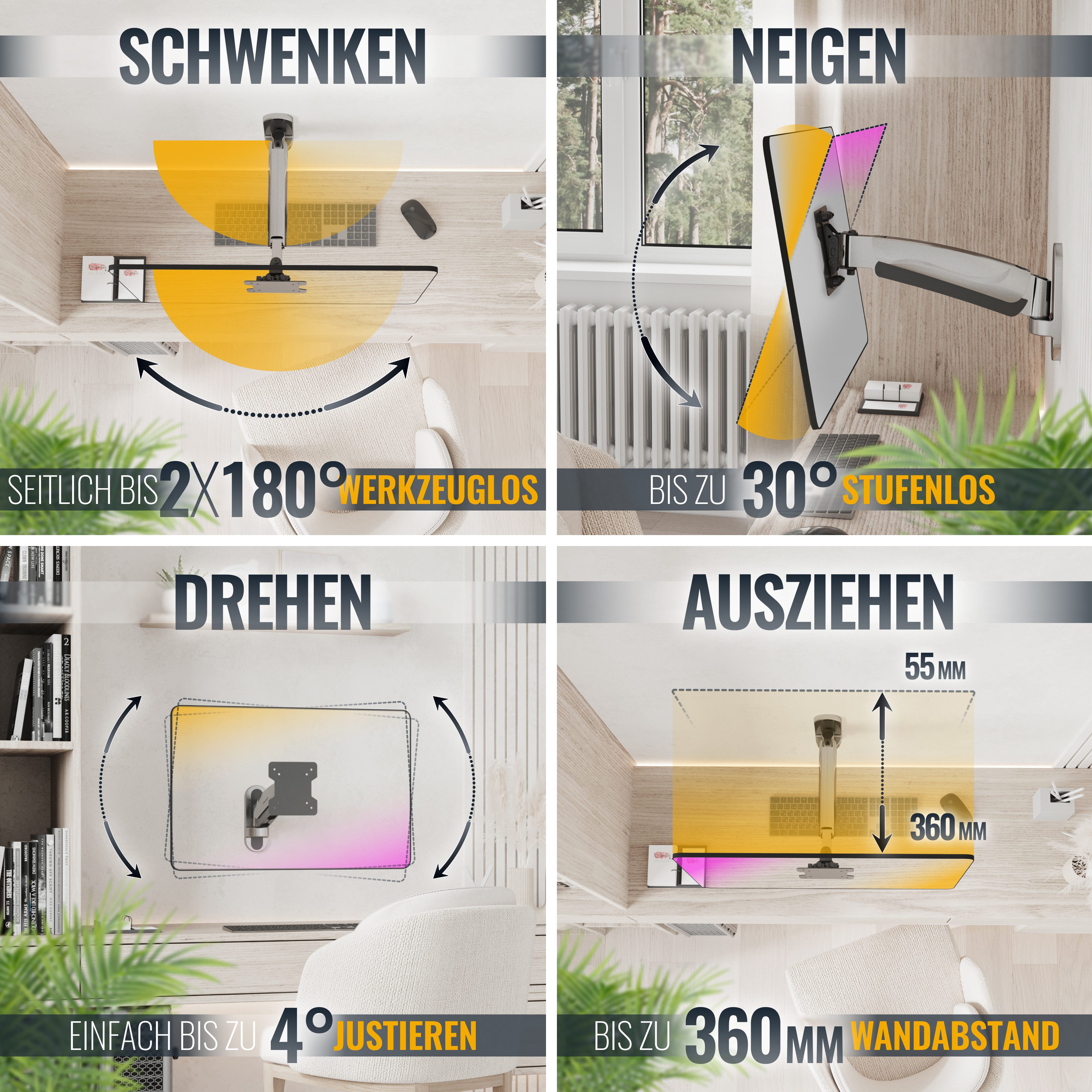 RICOO TV-Wandhalterung Gasfeder Monitor Wandhalterung mit Schwenk- und Neigefunktion S2611, (bis 32 Zoll, VESA 75x75 und 100x100, 1-tlg., 15Kg Aufnahme, 13" bis 32" (33-81 cm) Höhenverstellung per Gasfeder, bis 30° Neigung, bis 180° Schwenkung, ausziehbar Monitor Wand Halter)
