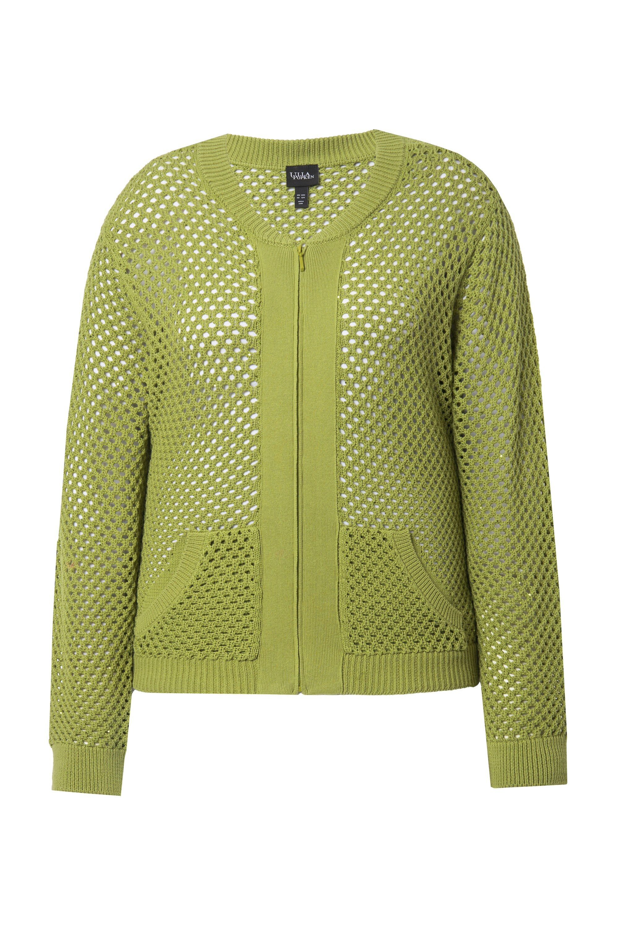 Ulla Popken Strickjacke Strick-Blouson Pailletten Collegekragen Langarm